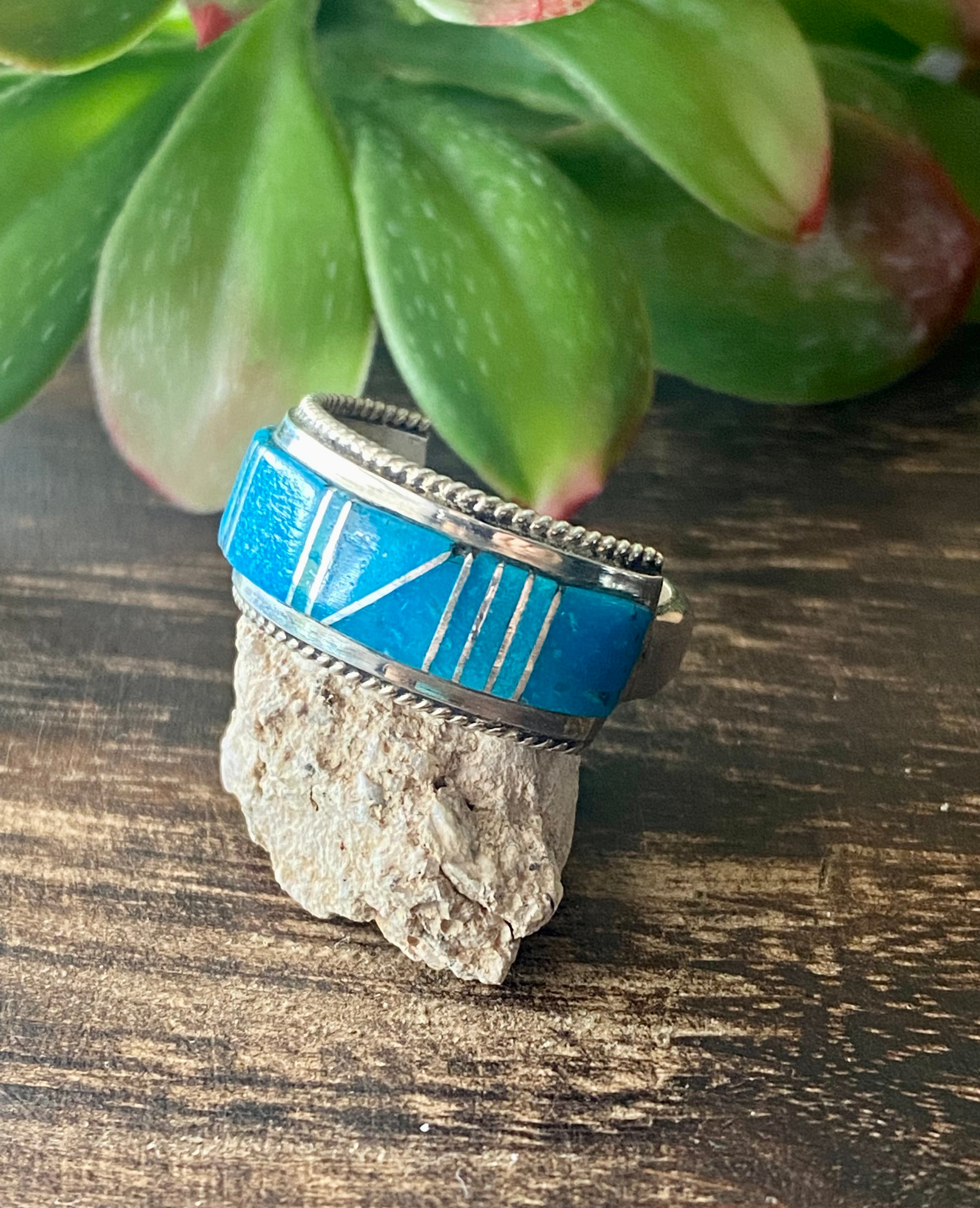 Navajo Made Kingman Turquoise & Sterling Silver Inlay Ring Size 11.5