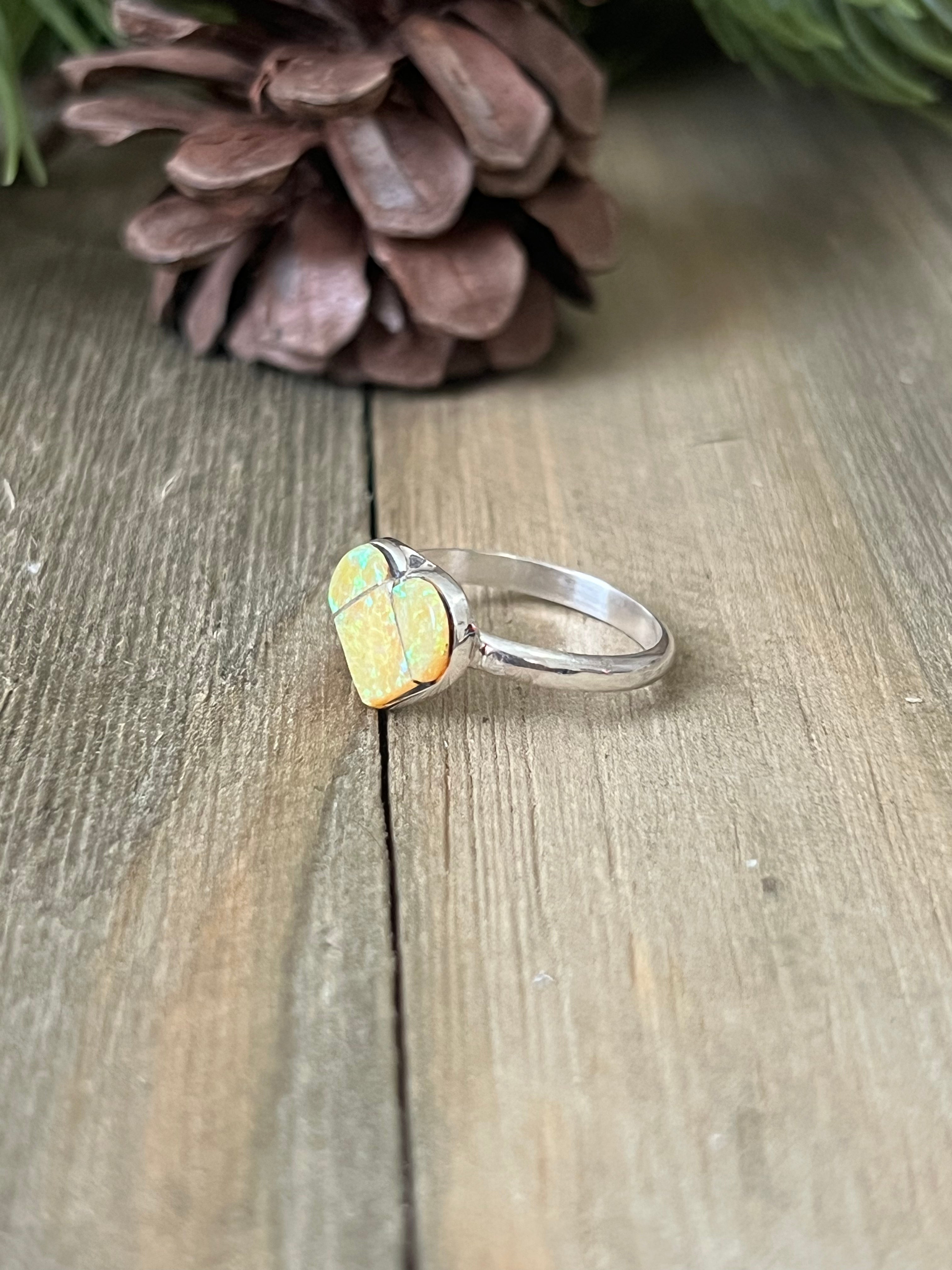 Zuni Made Yellow Opal (Man Made) & Sterling Silver Ring Size 6.25