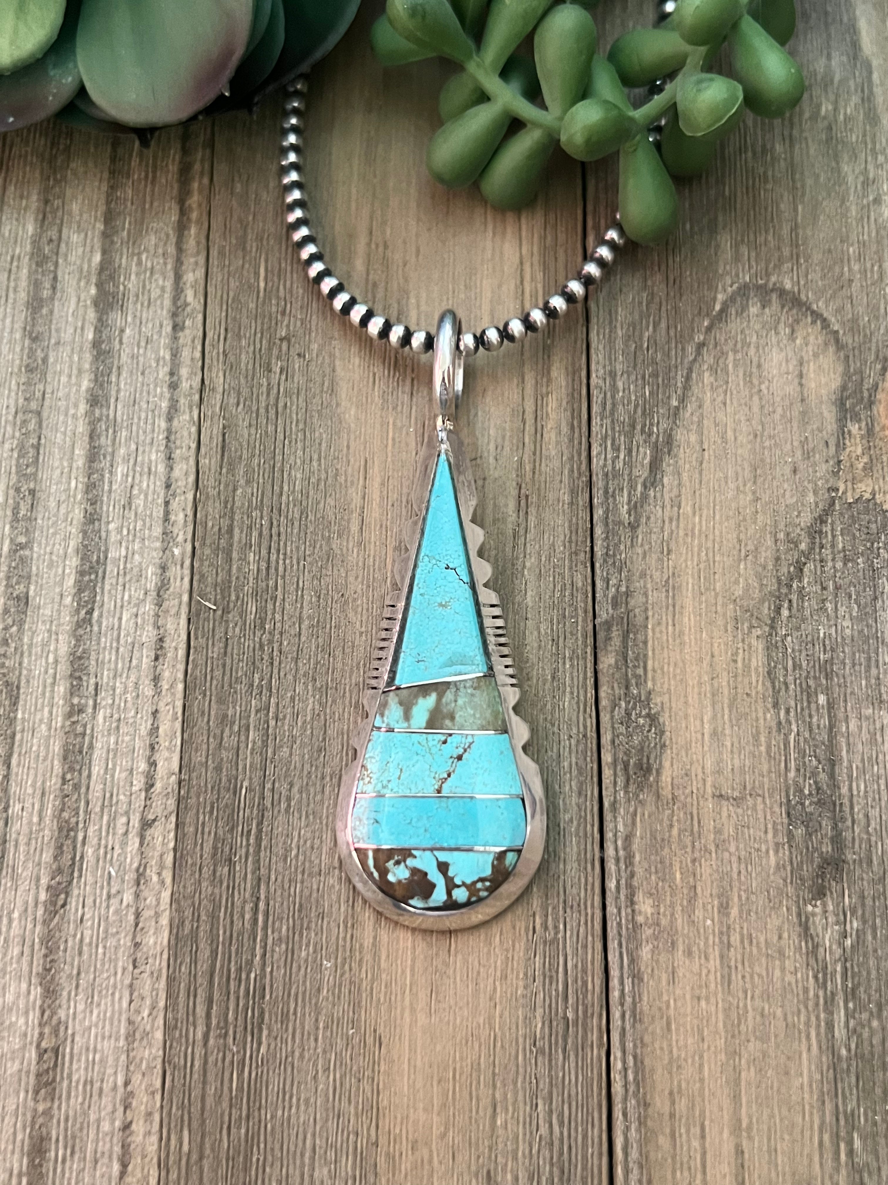 Navajo Made #8 Turquoise & Sterling Silver Inlay Pendan