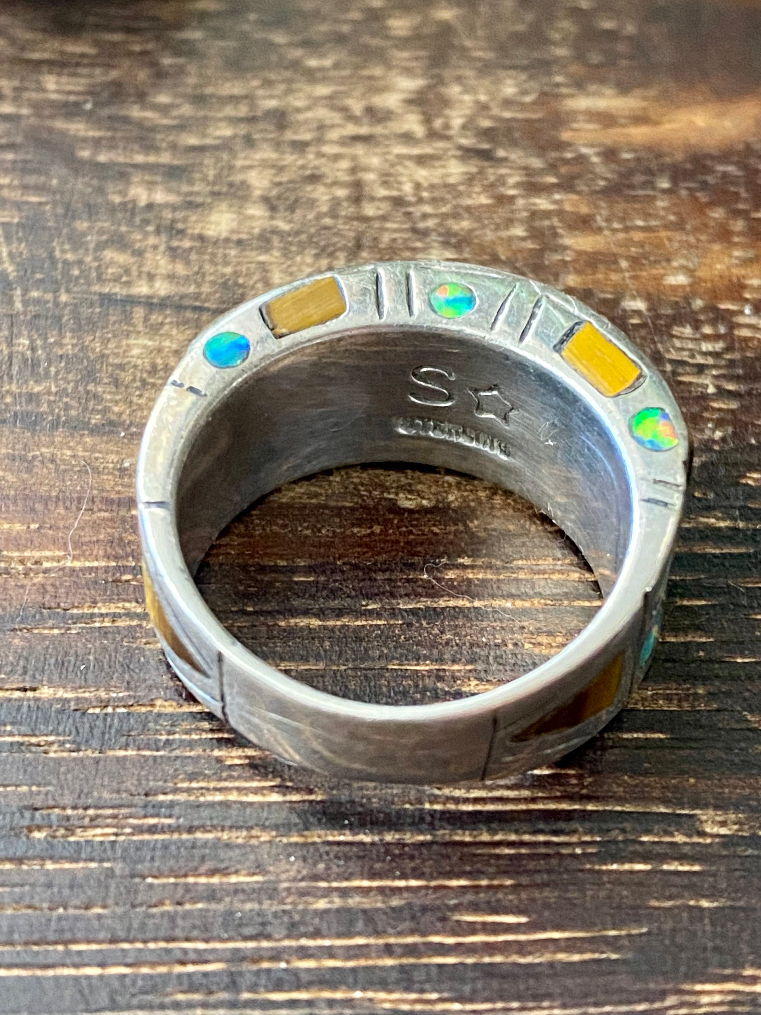 Old Pawn Navajo Made Multi Stone & Sterling Silver Inlay Ring Size 7.5