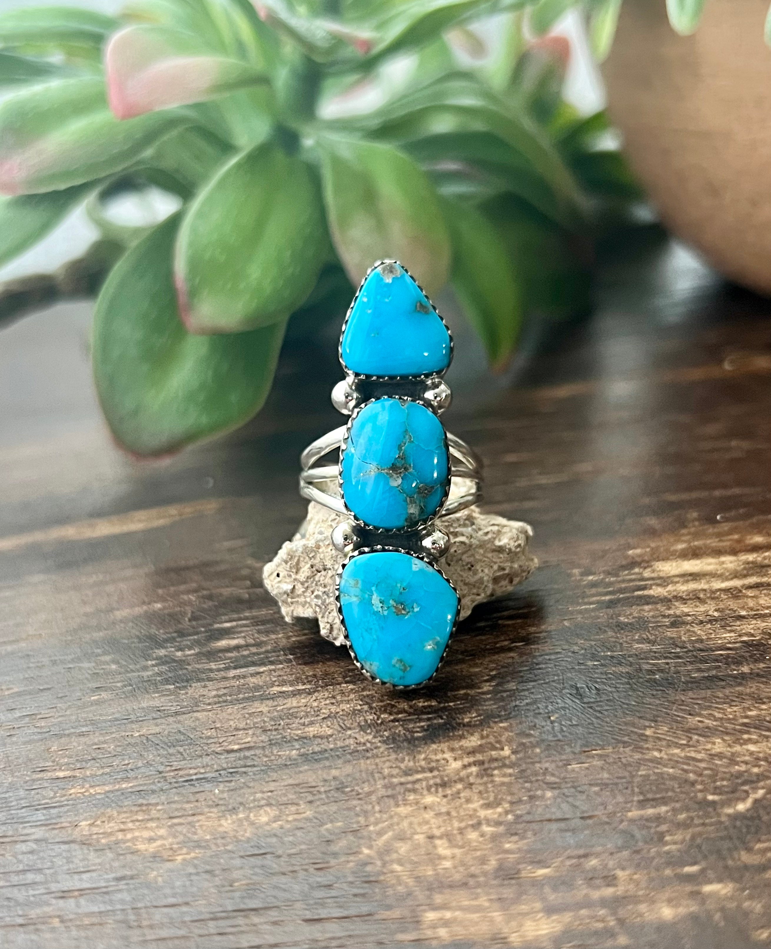 Southwest Handmade Kingman Turquoise & Sterling Silver Climber Ring Size 7.25 Stamped Sterling.