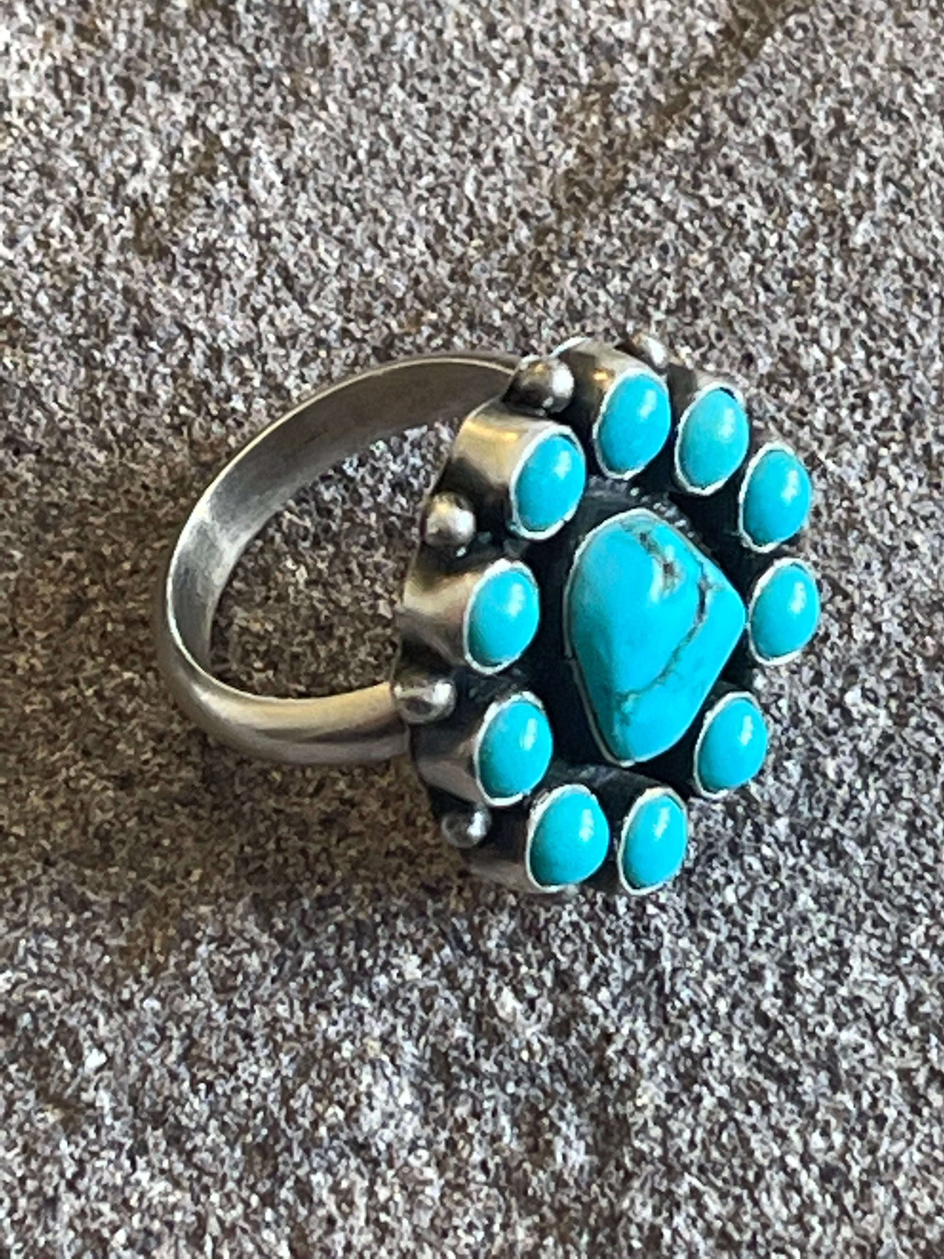 Navajo Turquoise & Sterling Silver Cluster Ring Size 8