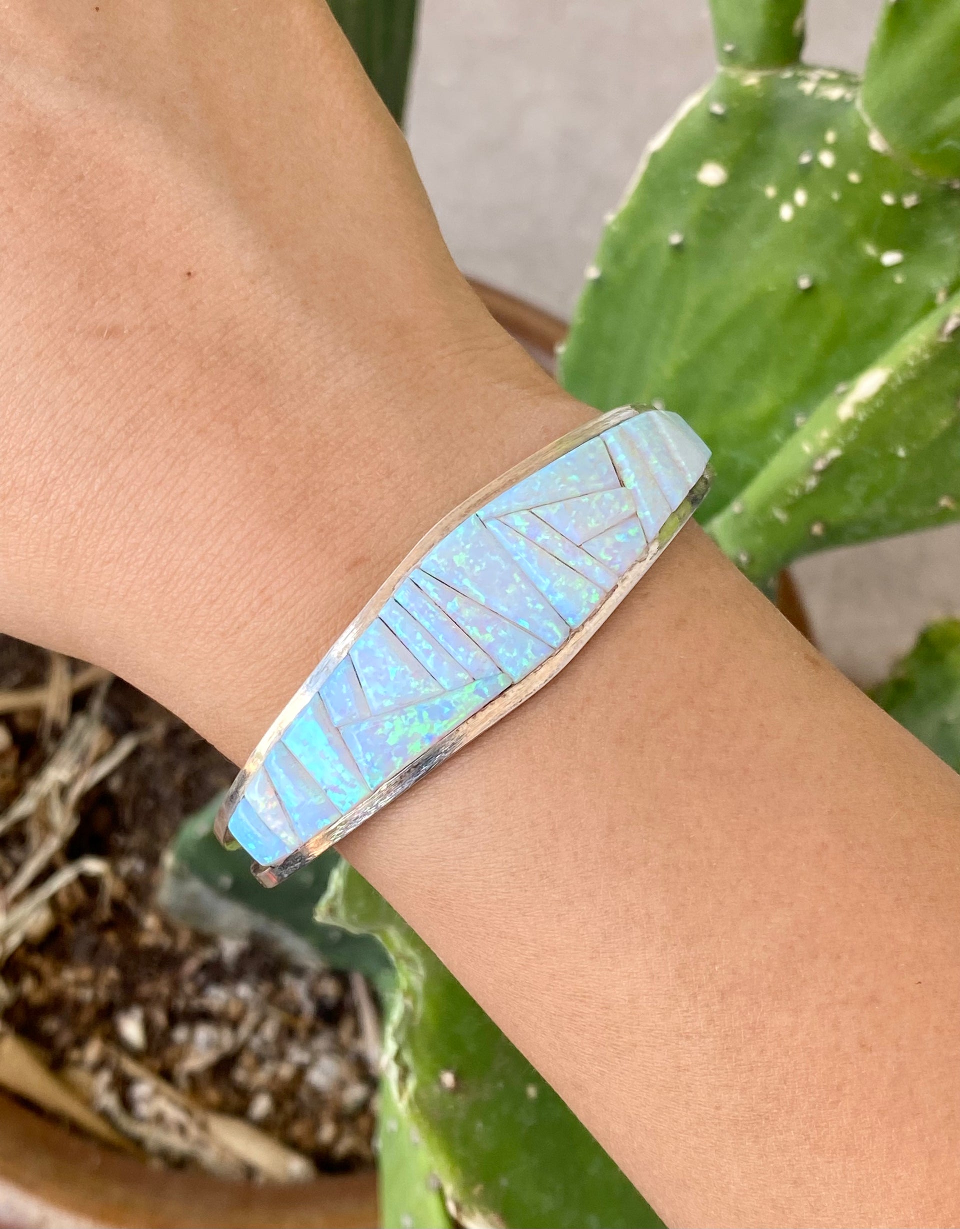Navajo Made White Opal & Sterling Silver Cobblestone Cuff Bracelet