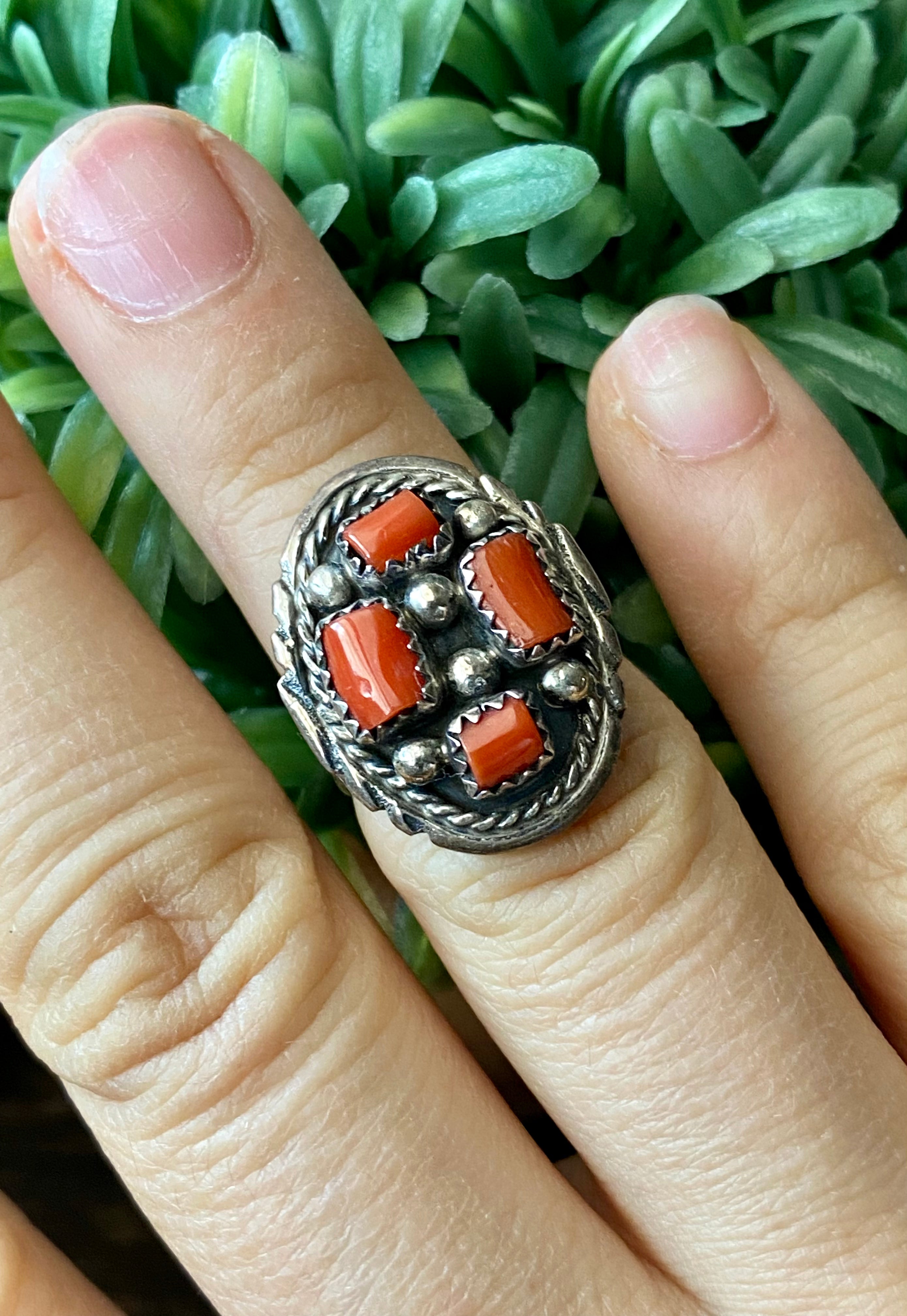Navajo Made Coral & Sterling Silver Ring Size 6.5