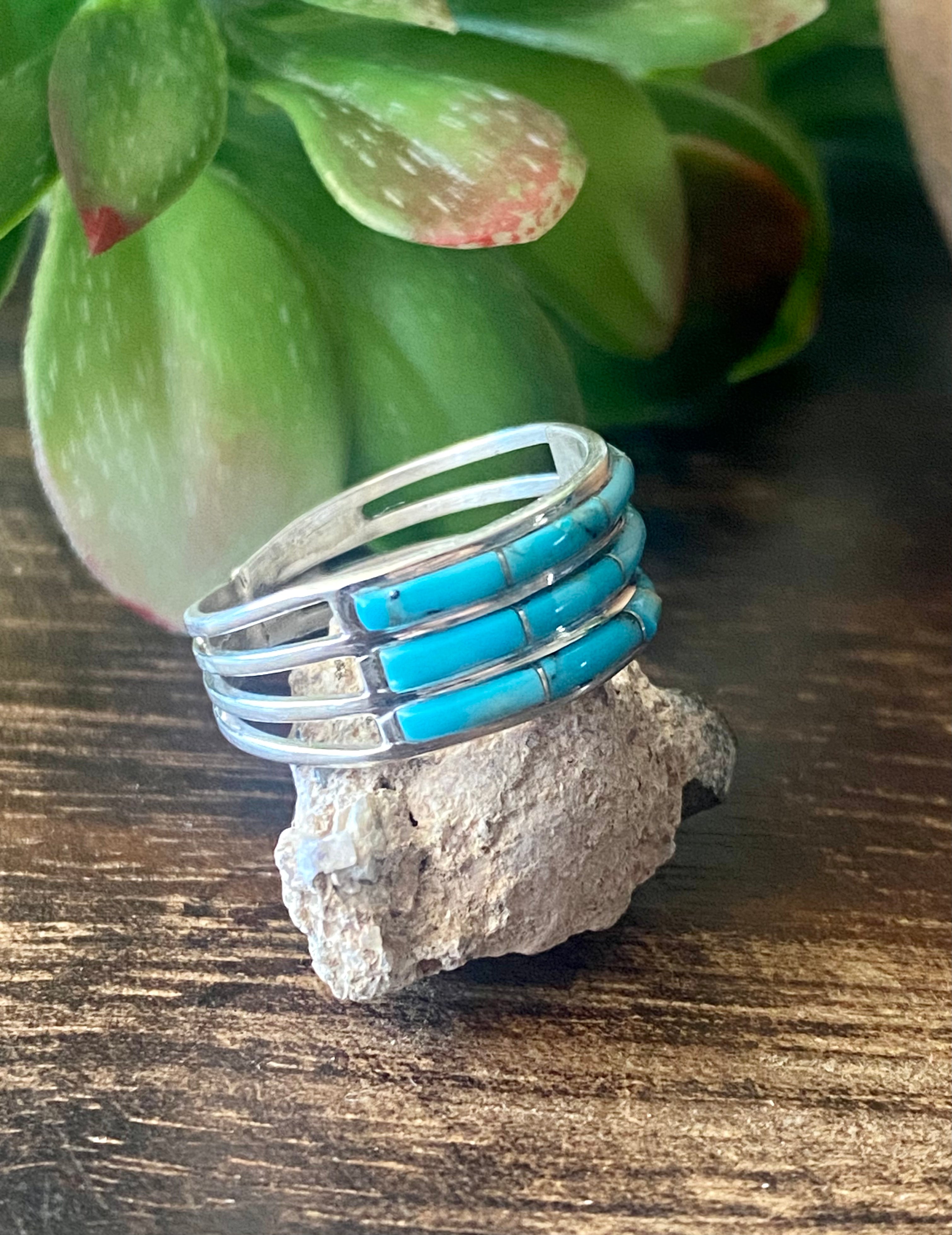 Navajo Made Kingman Turquoise & Sterling Silver Inlay Ring Size 10.25