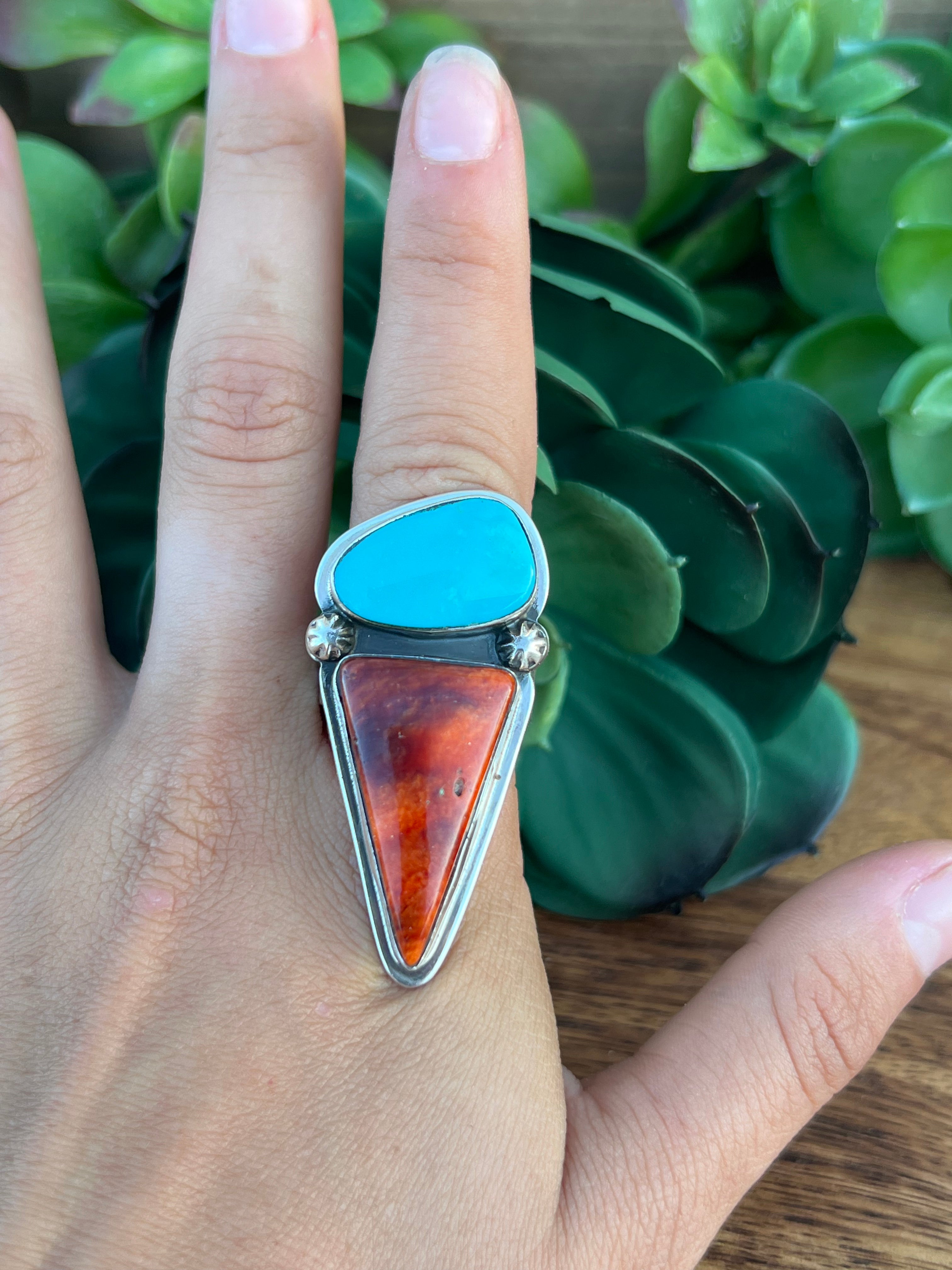 Greg Perry Spiny Oyster & Turquoise Sterling Silver Ring Size 10