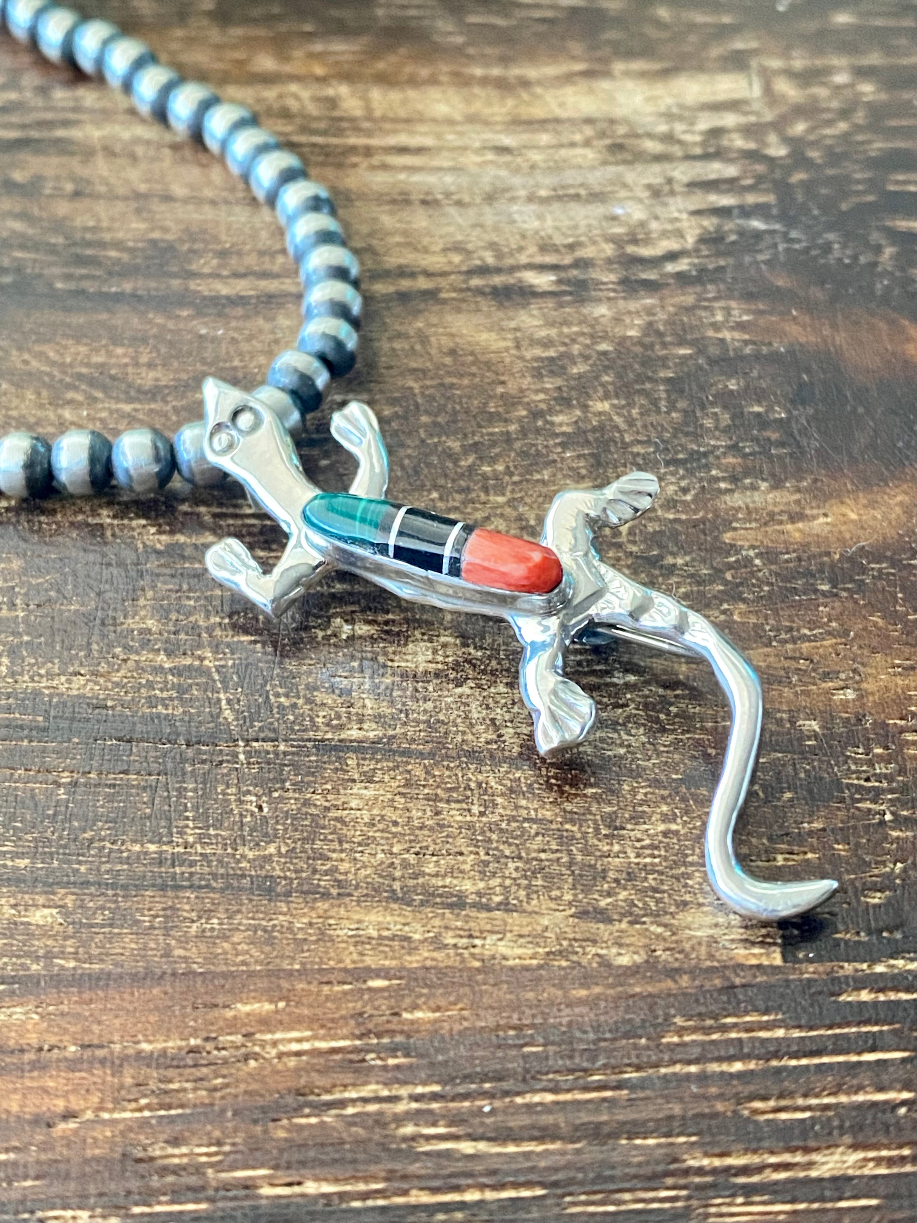 Navajo Made Multi Stone & Sterling Silver Inlay Lizard Pin/Pendant