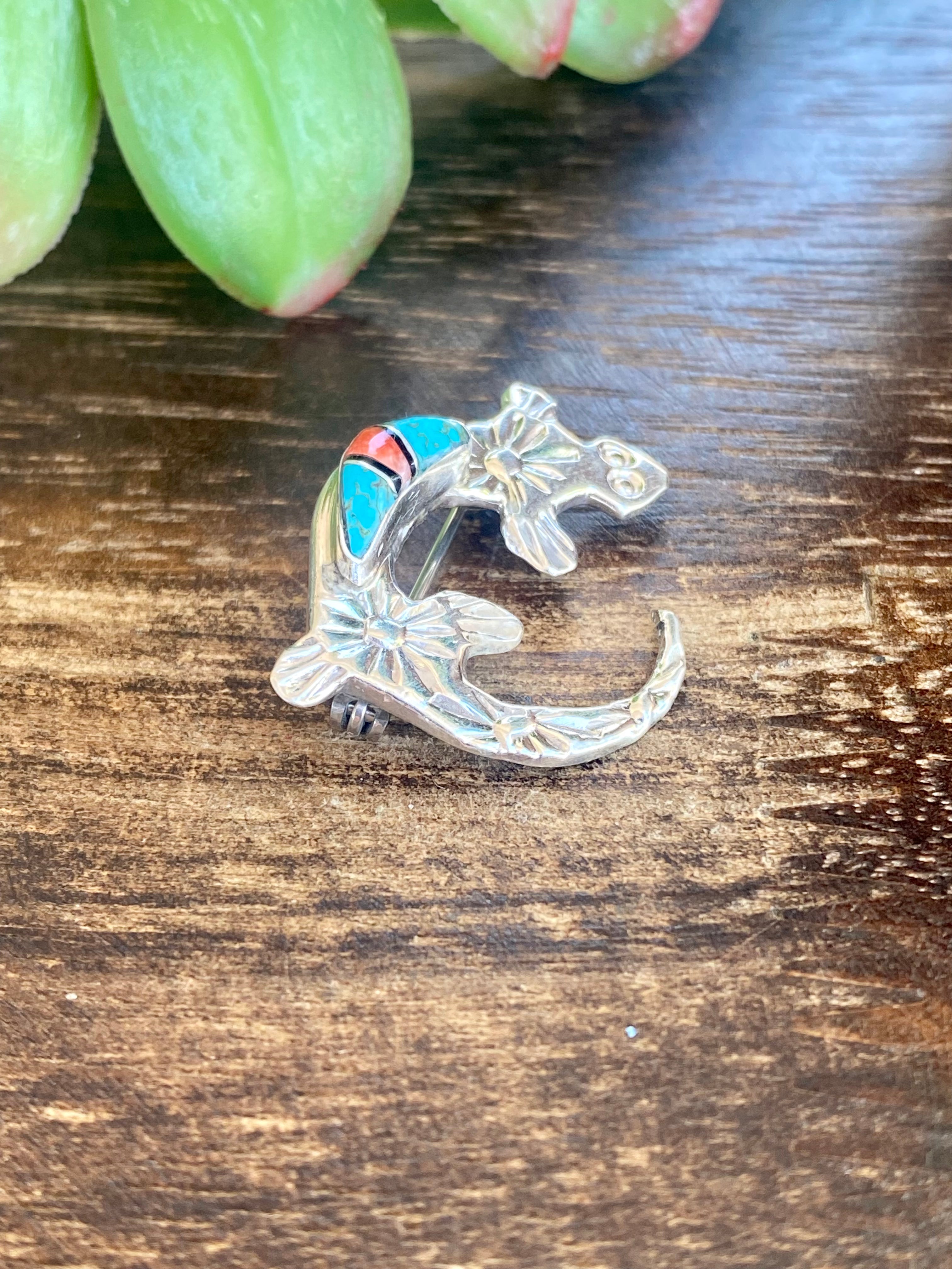 Navajo Made Multi Stone & Sterling Silver Inlay Lizard Pin