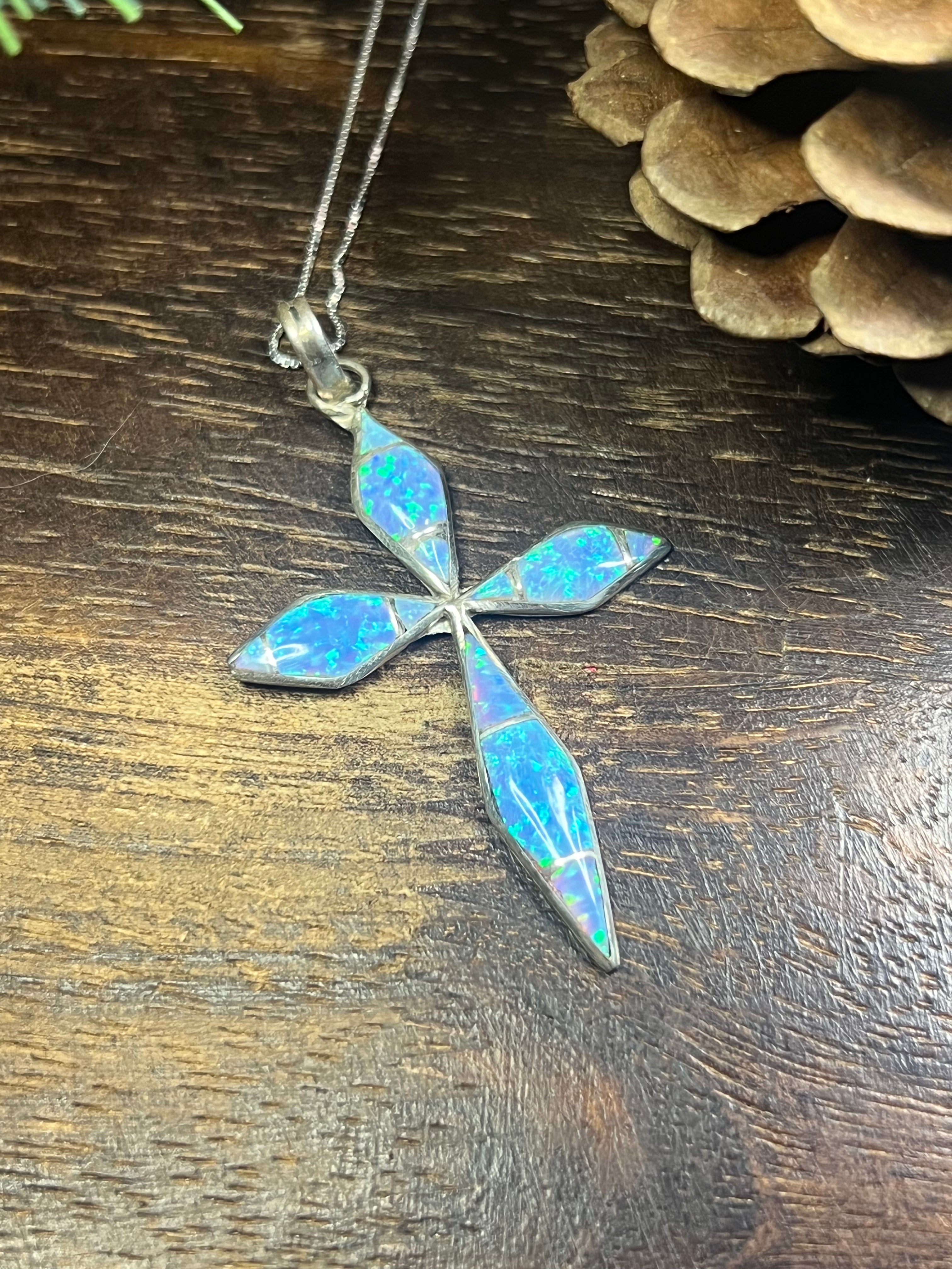 Zuni Made Opal (Man Made) & Sterling Silver Cross Inlay Pendant