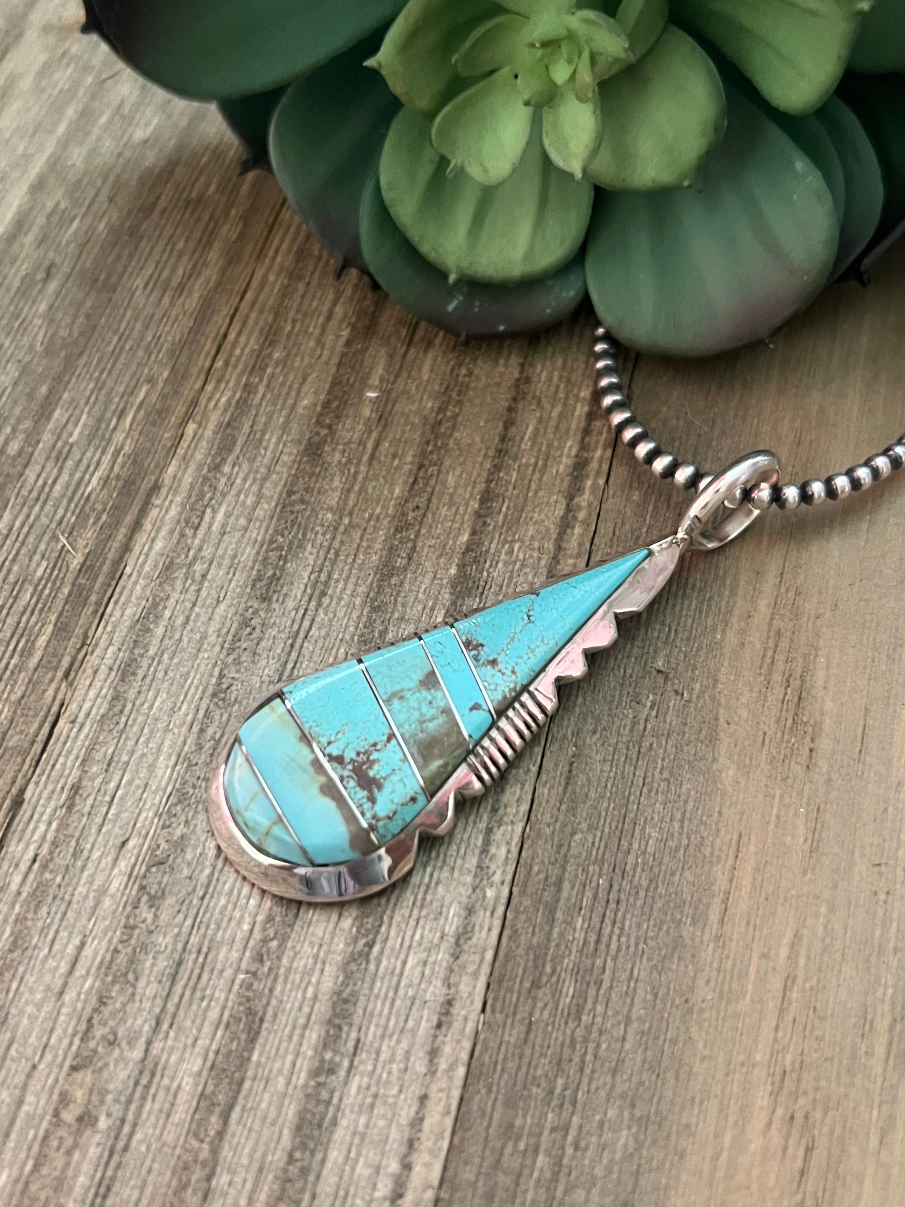 Navajo Made #8 Turquoise & Sterling Silver Inlay Pendant