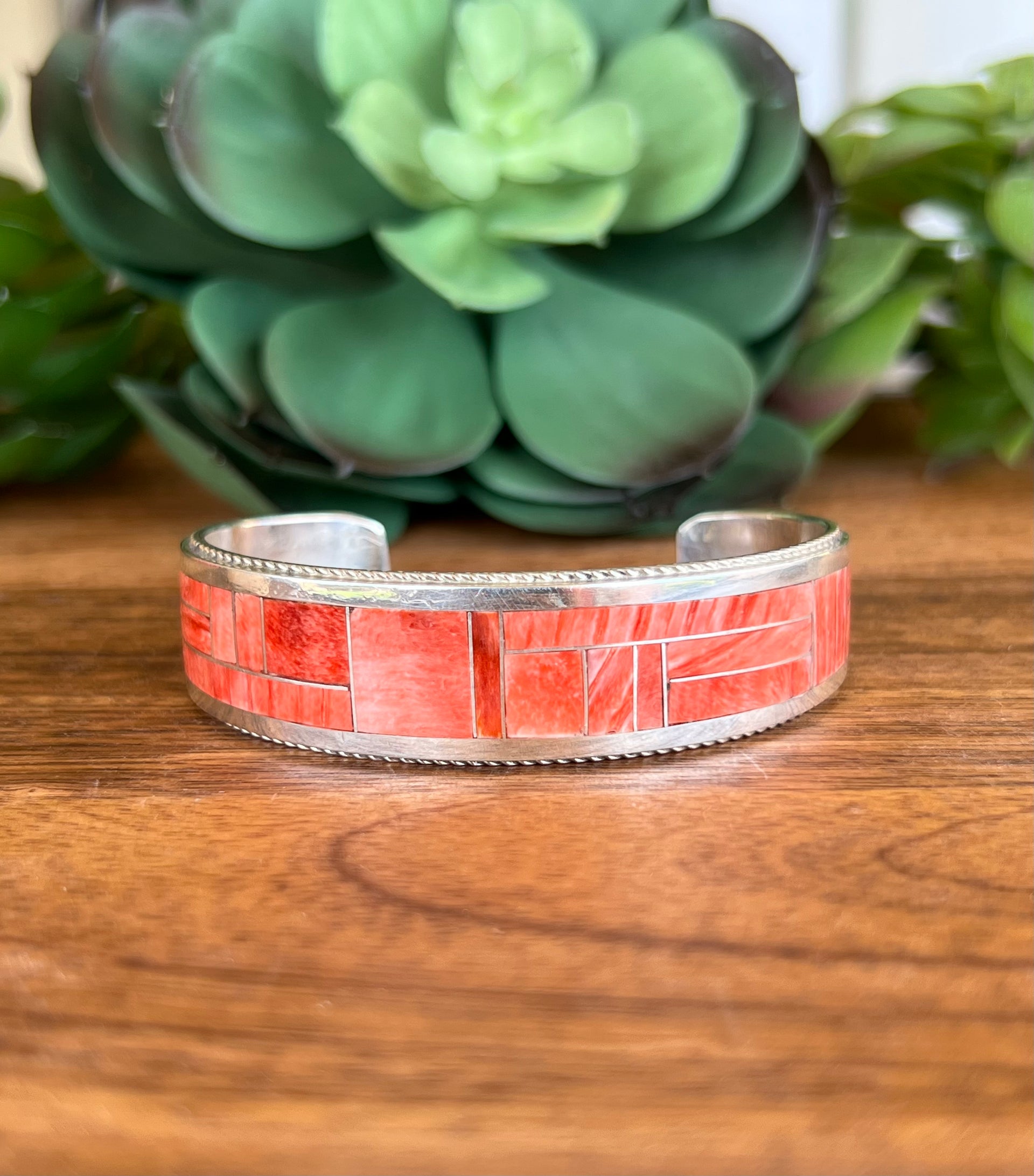 Rickell & Glendora Booqa Zuni Made Spiny Oyster & Sterling Silver Inlay Cuff Bracelet