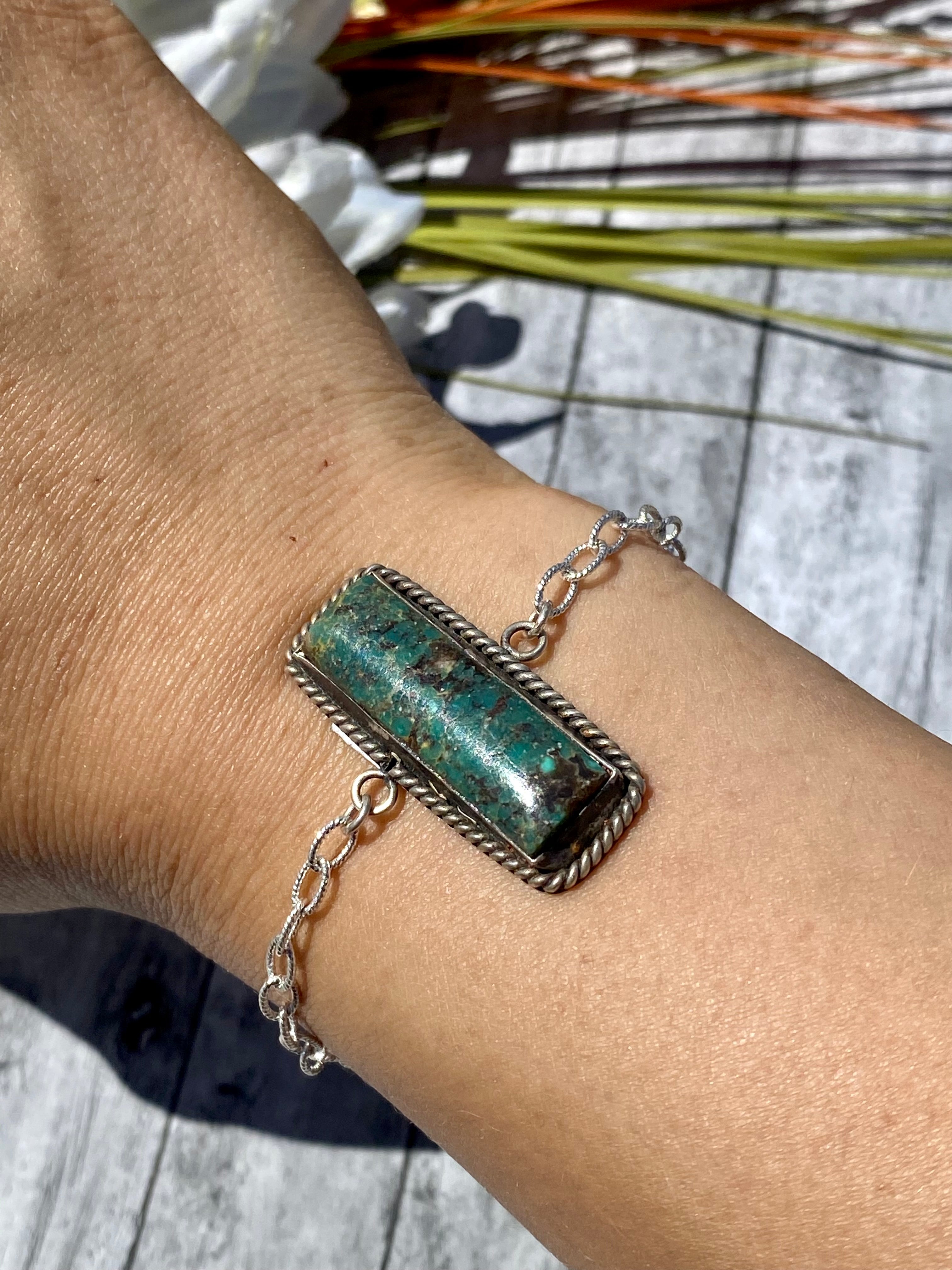 Navajo Made Kingman Turquoise & Sterling Silver Bar Link Bracelet