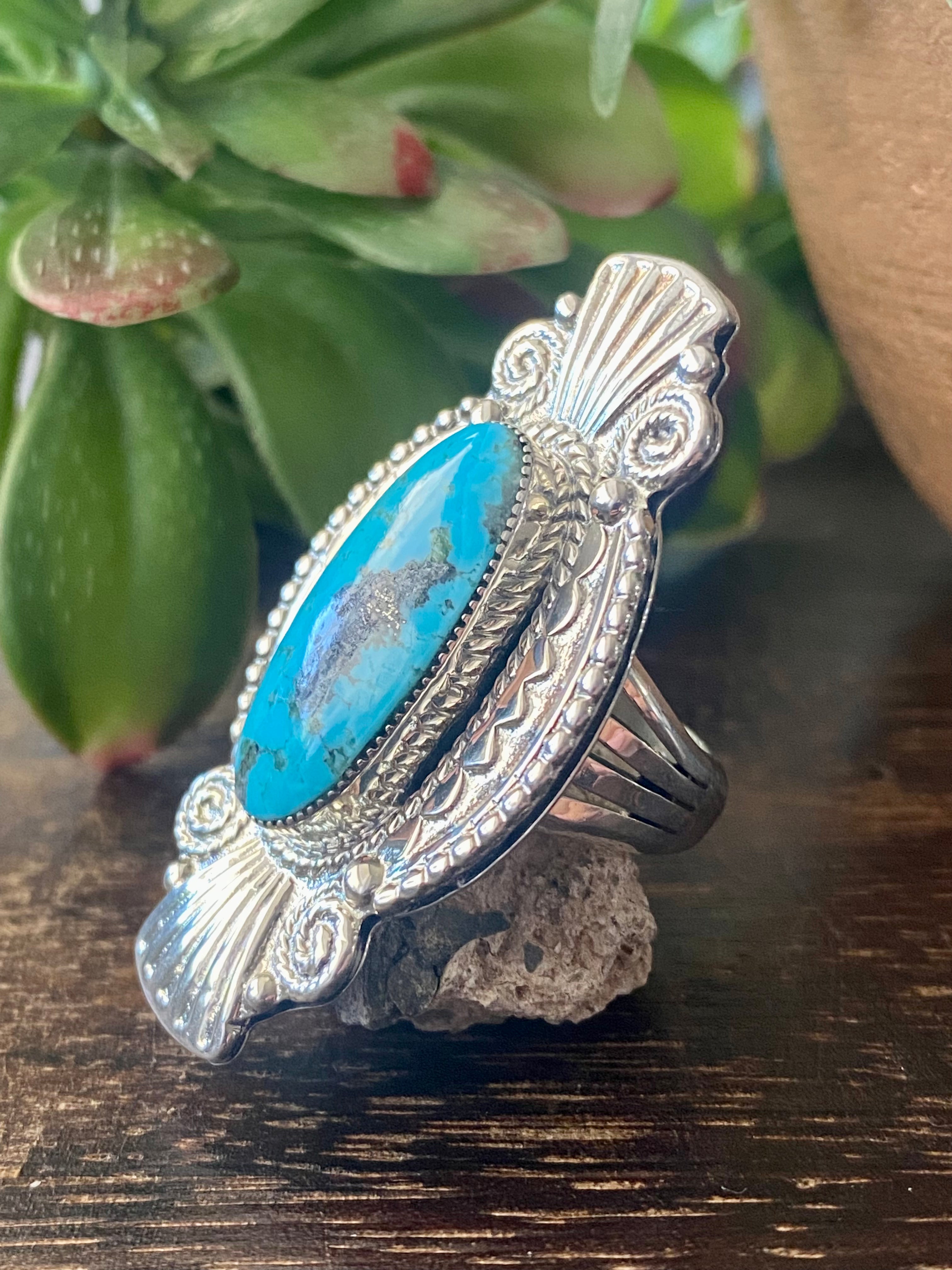 Navajo Made Kingman Turquoise & Sterling Silver Ring Size 6