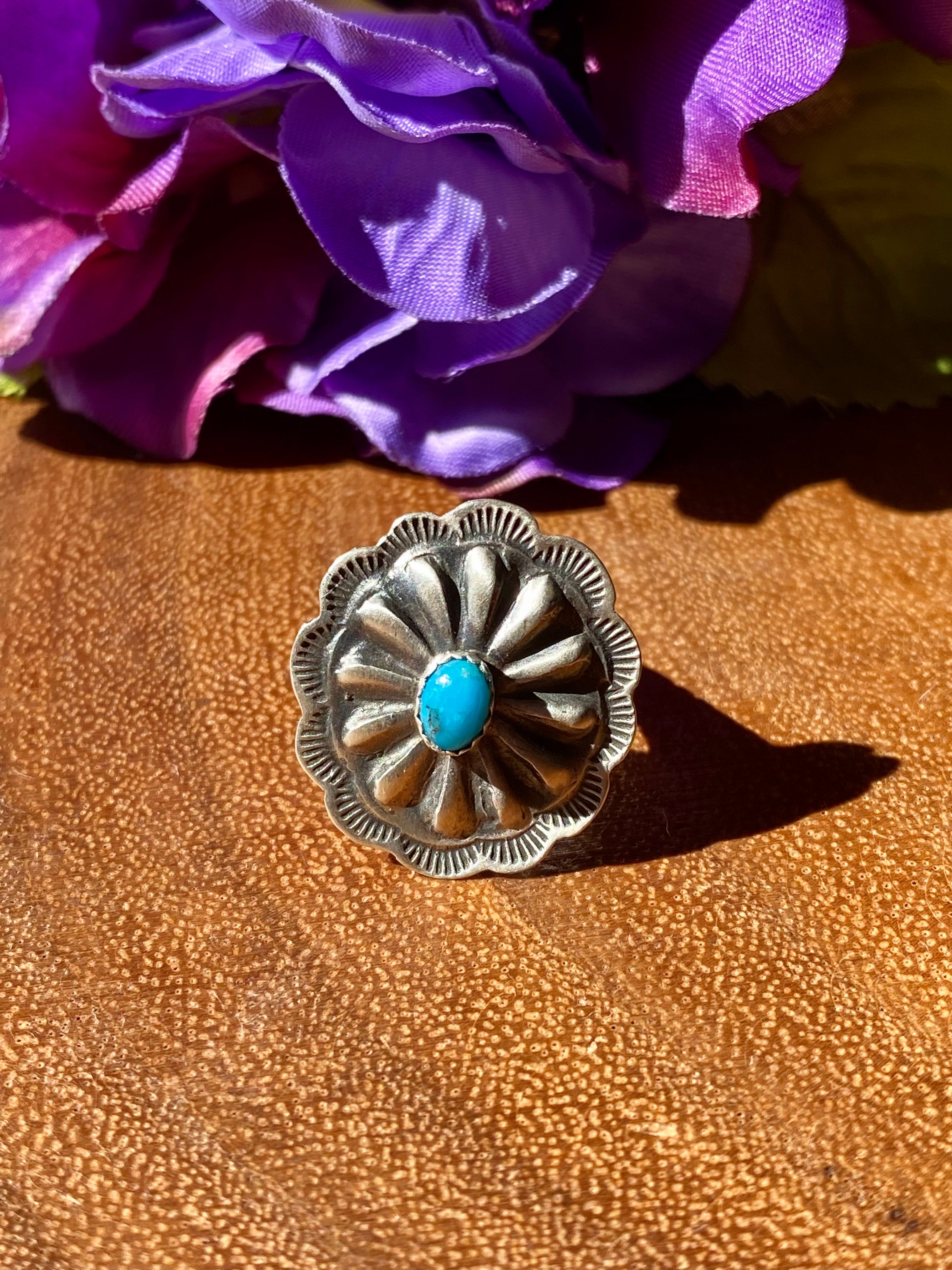 Navajo Made Turquoise & Sterling Silver Concho Ring Size 6.75