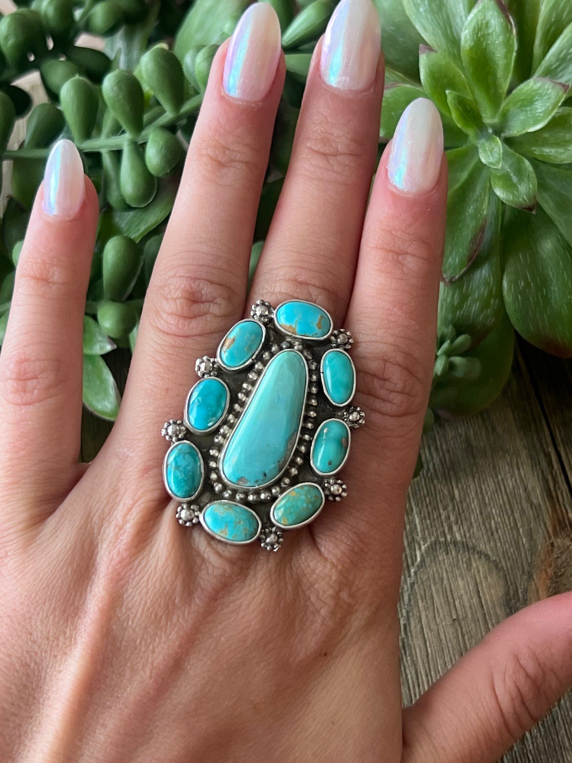 Chris Etsitty Kingman Turquoise & Sterling Silver Ring Size 7.5