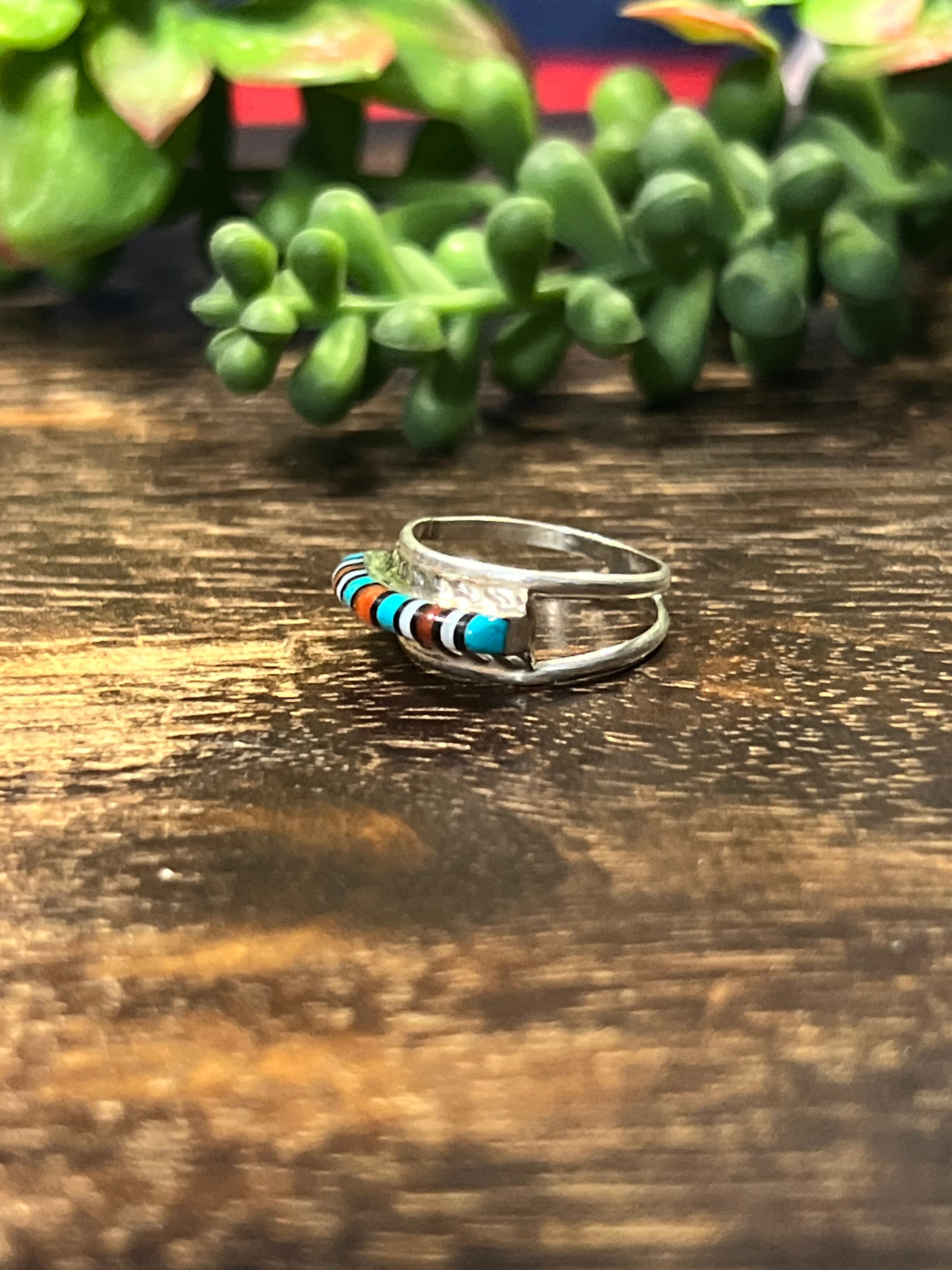 Navajo Made Multi Stone & Sterling Silver Inlay Ring Size 5.75