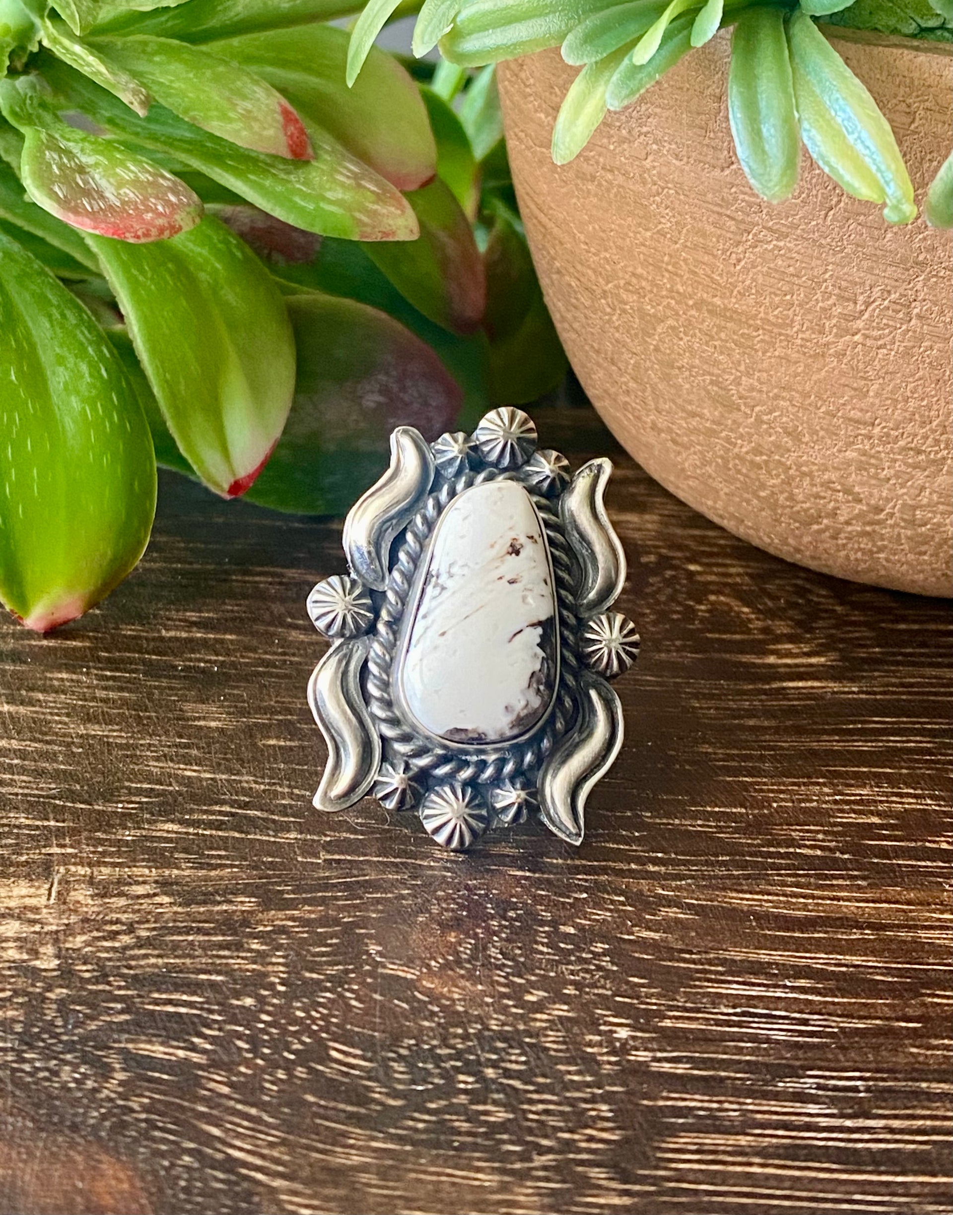 Raymond Delgarito White Buffalo & Sterling Silver Ring Size 6.25