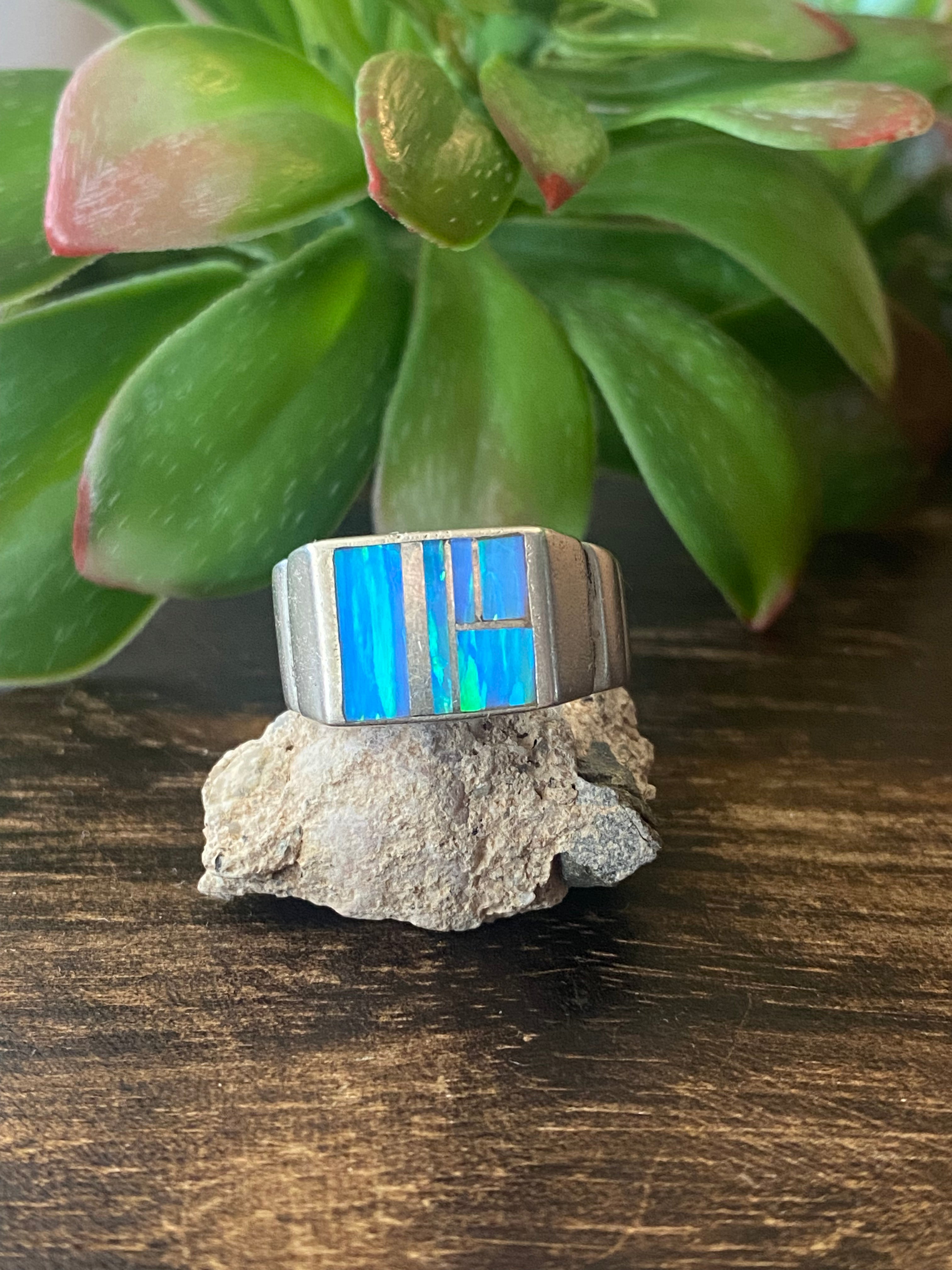 Navajo Made Blue Opal & Sterling Silver Inlay Ring Size 9.5