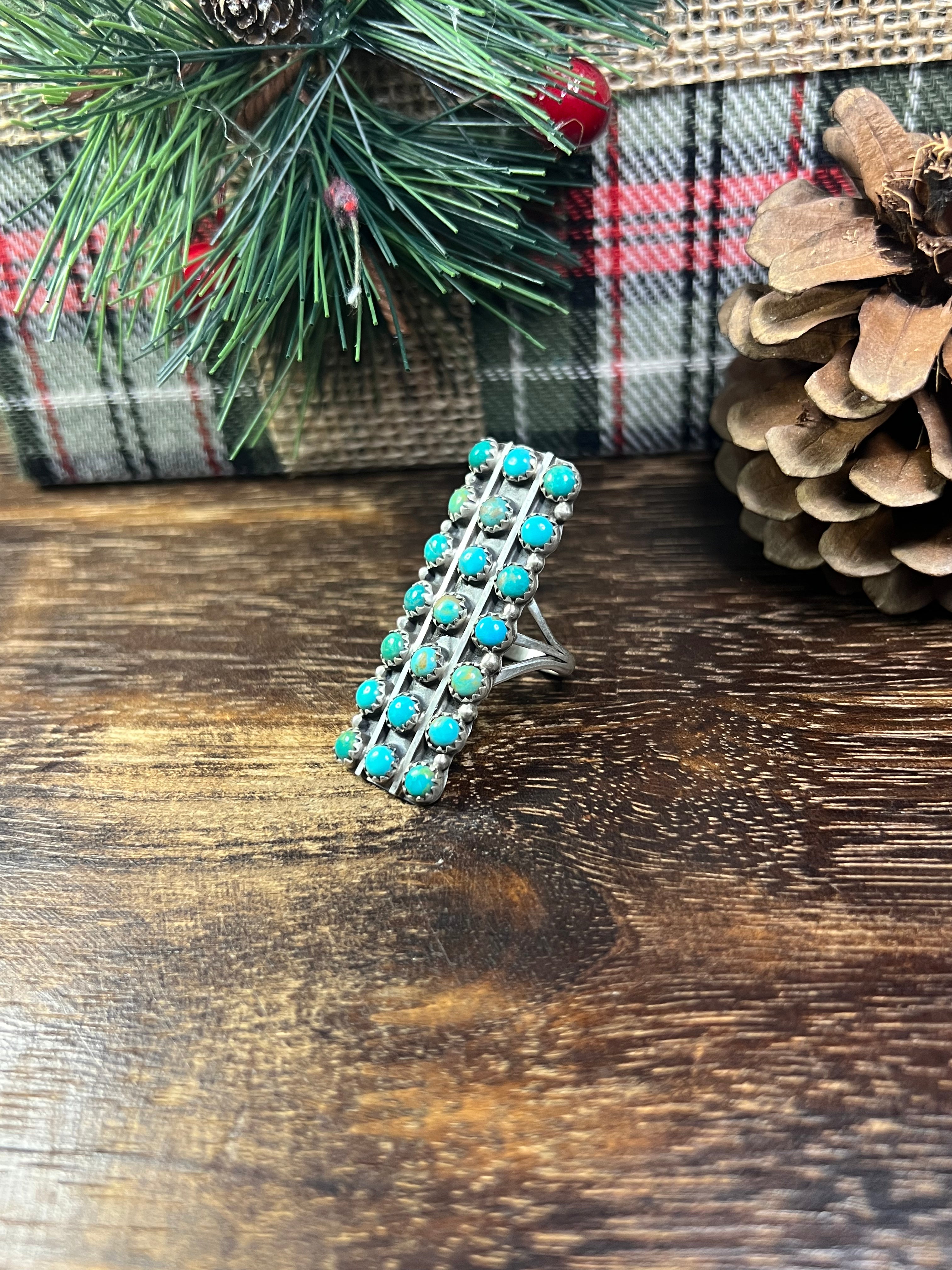 Navajo Made Kingman Turquoise & Sterling Silver Cluster Ring Size 9.5