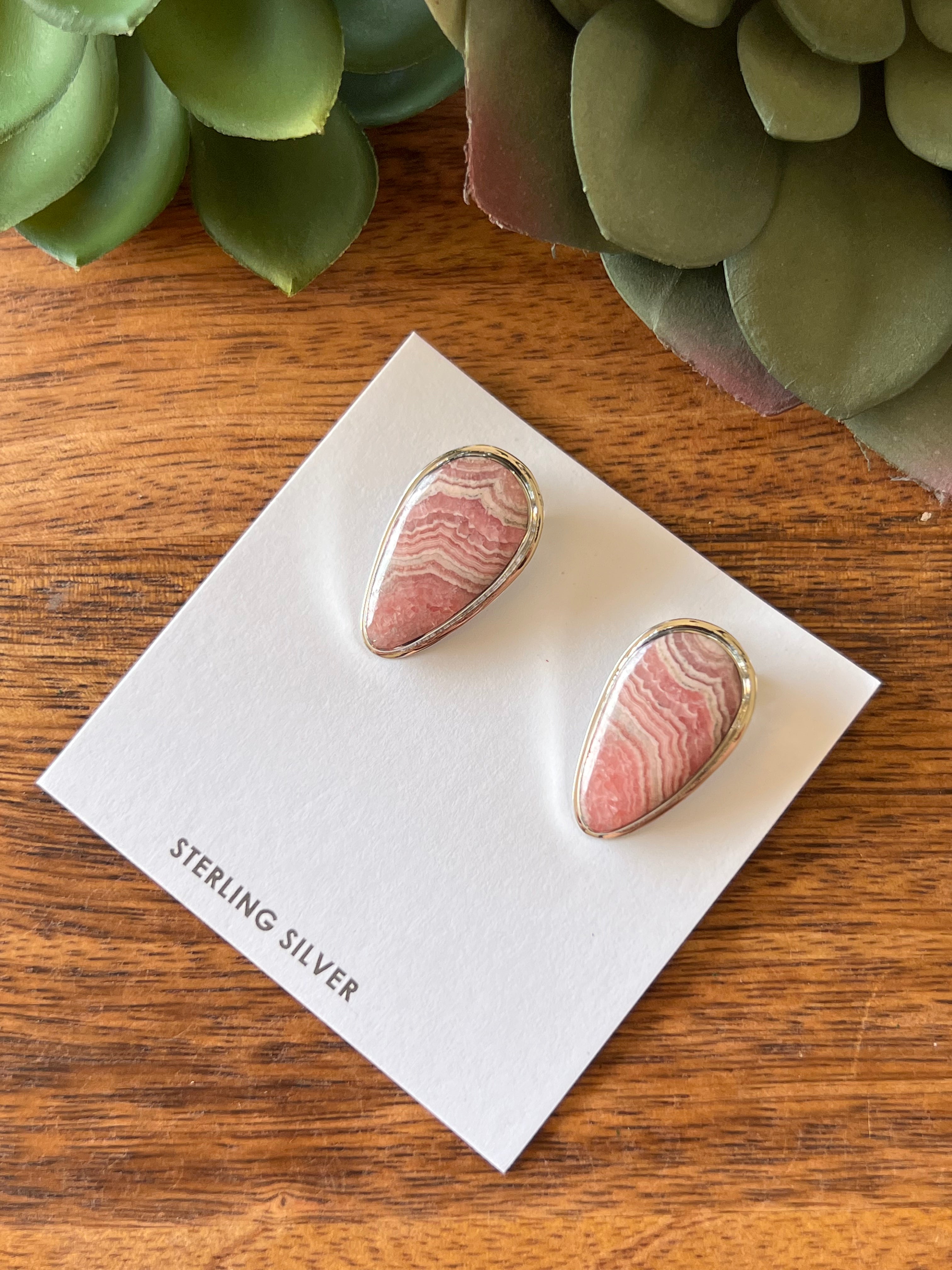 Navajo Made Rhodochrosite  & Sterling Silver Clip On Earrings