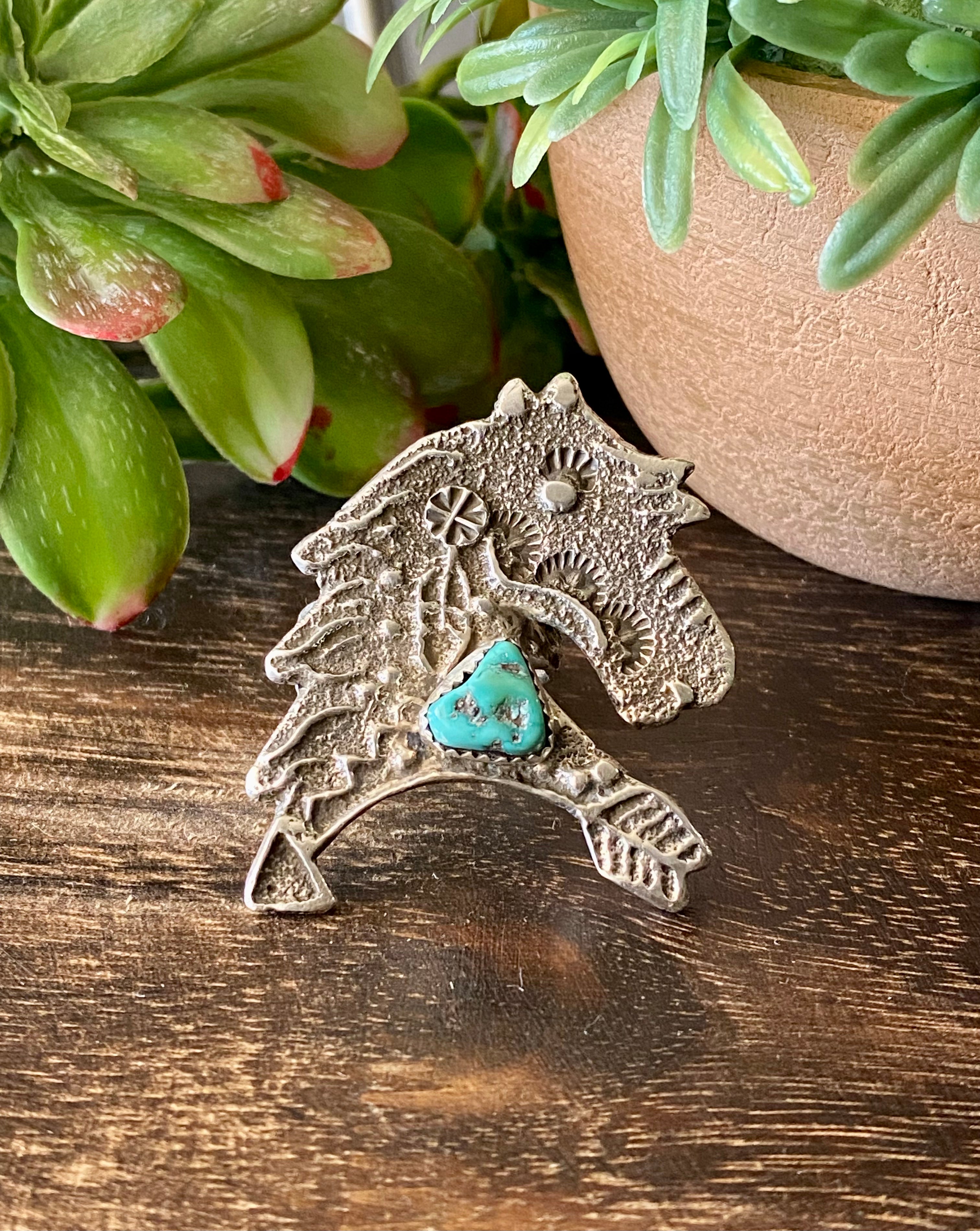 Delbert Arviso Kingman Turquoise & Sterling Silver Tufa Cast Horse Ring Size 9.75