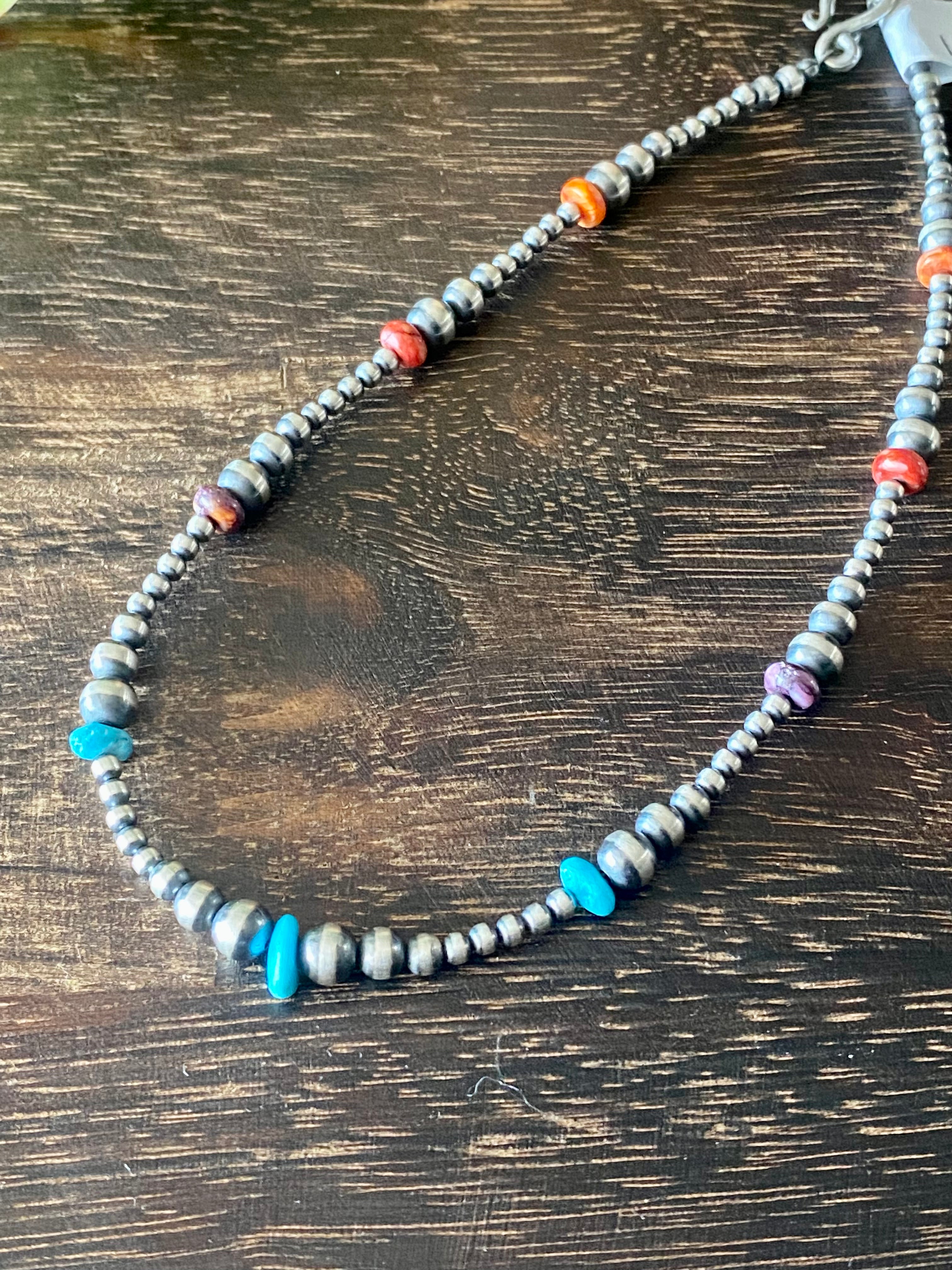 Navajo Strung Multi Stone & Sterling Silver Graduated Pearl Beaded Necklace