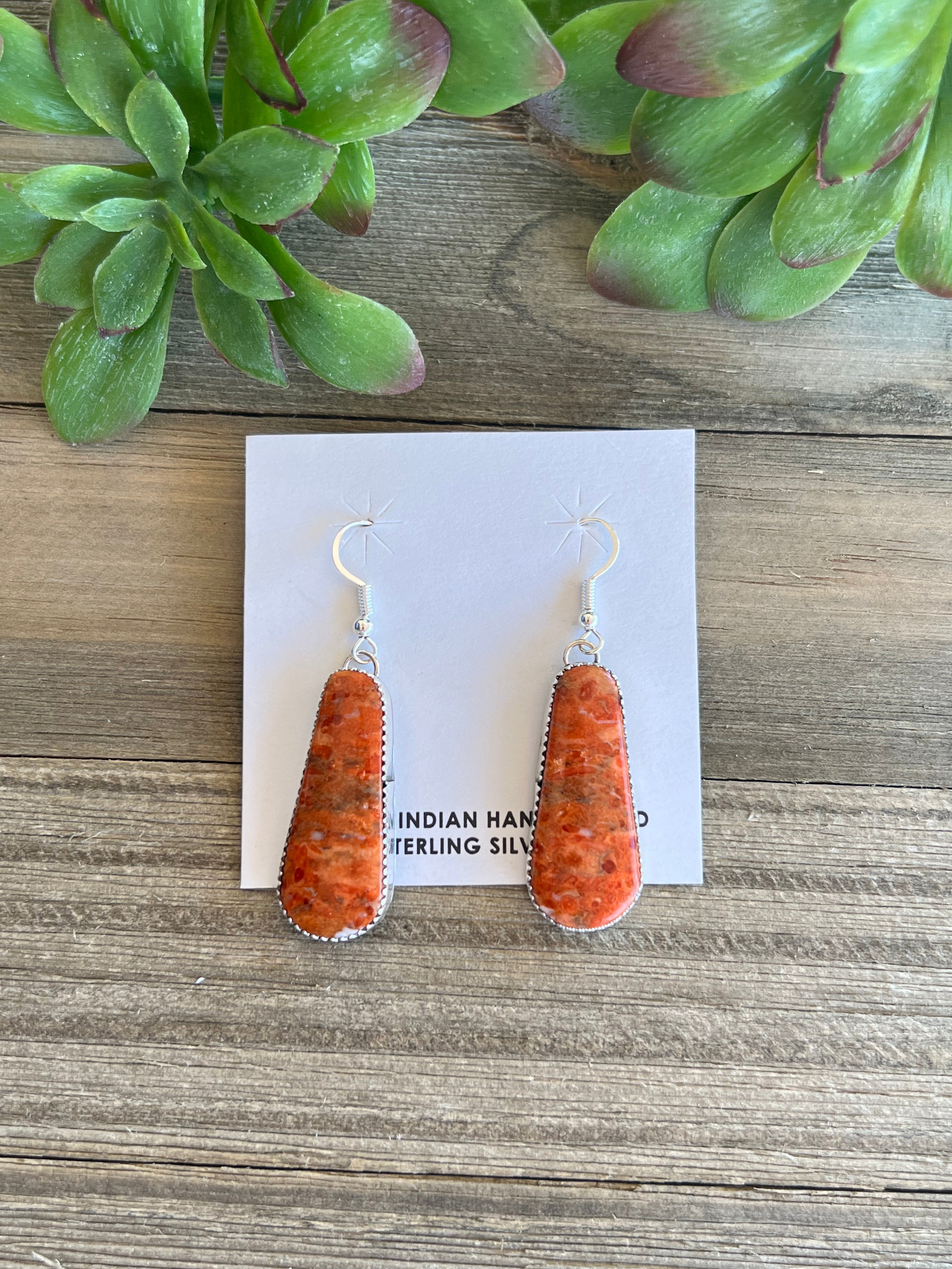 Navajo Made Apple Coral & Sterling Silver Dangle Earrings