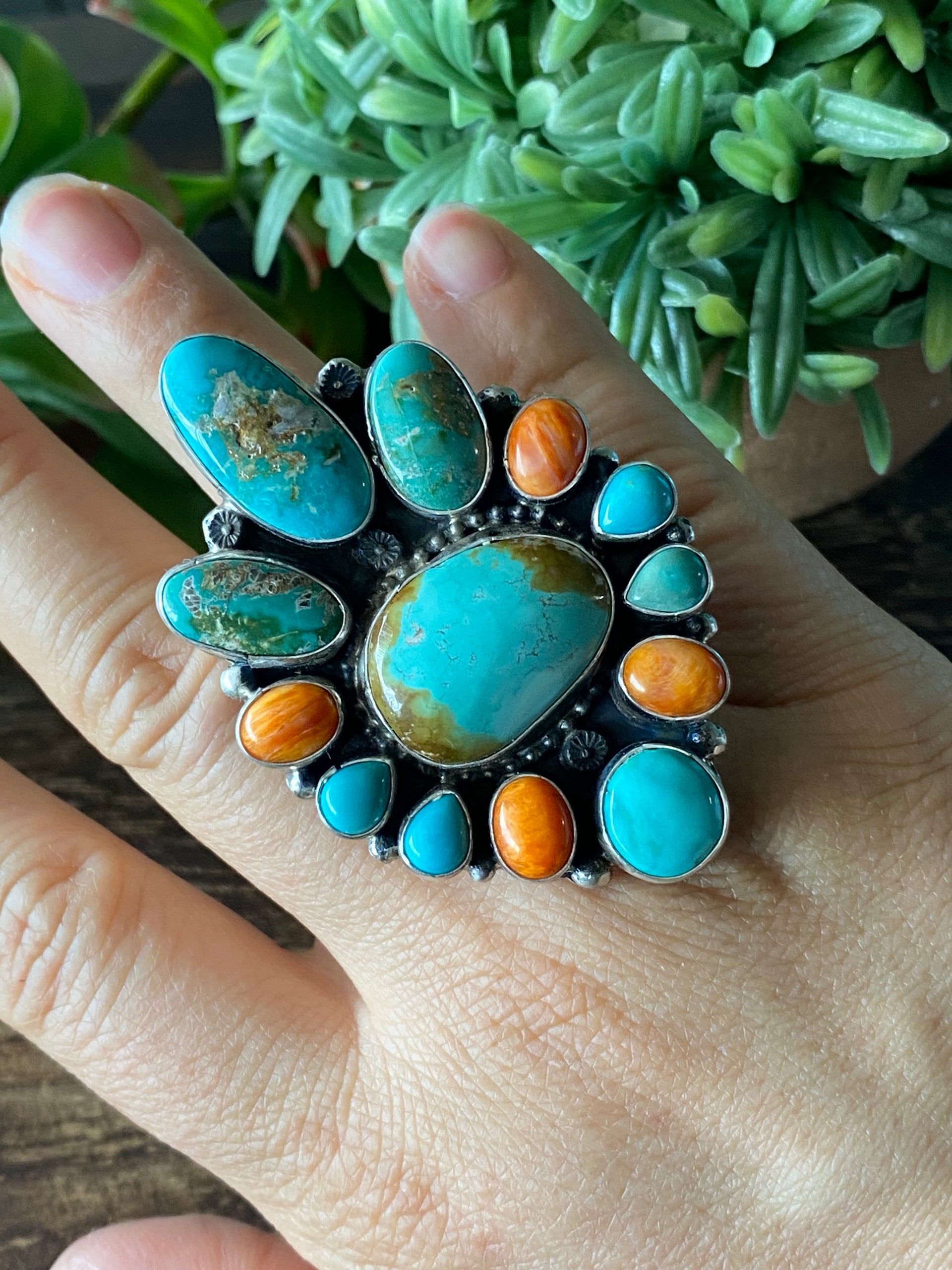 Sheila Becenti Multi Stone & Sterling Silver Cluster Ring Size 7