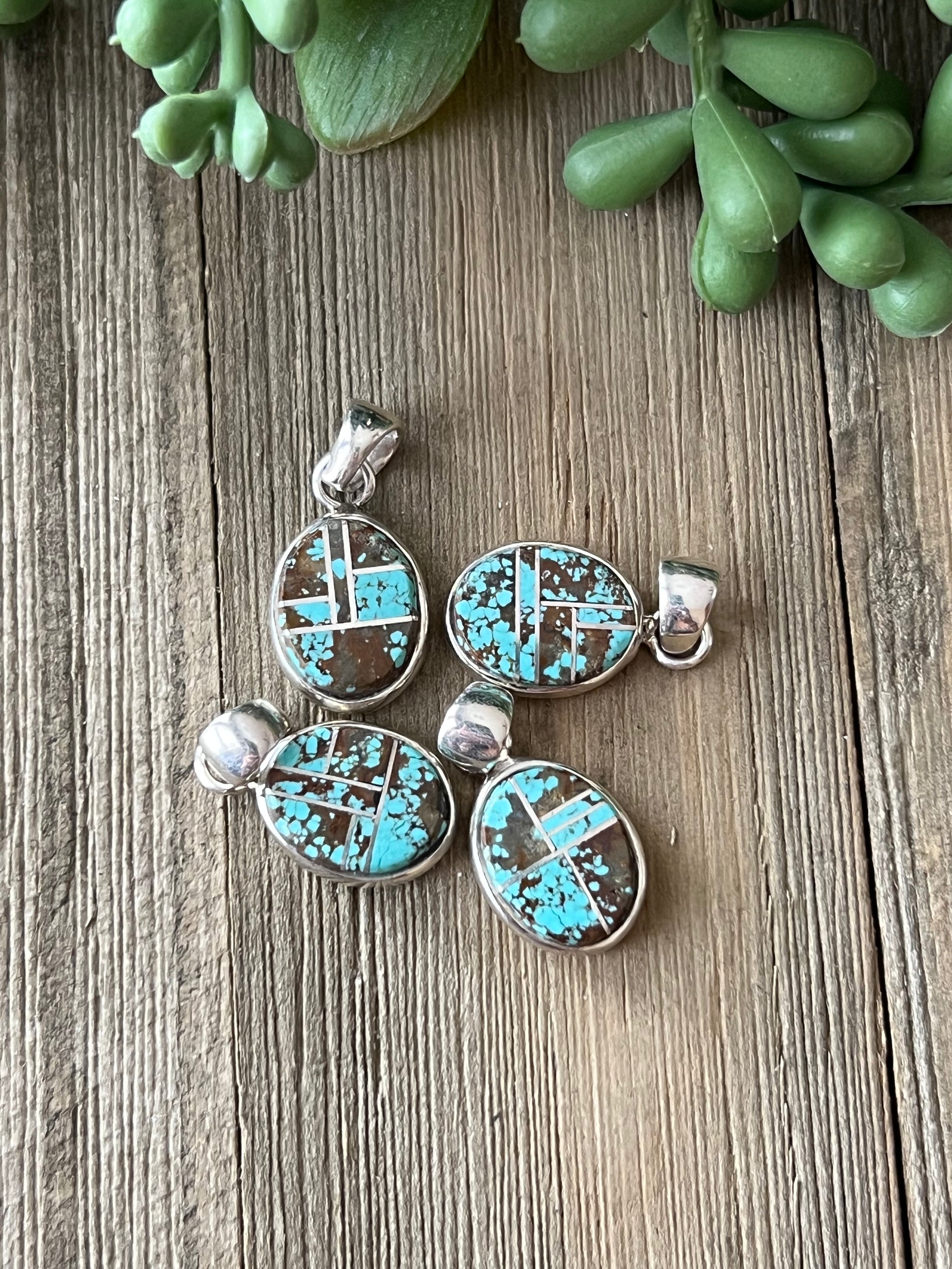 Navajo Made #8 Turquoise & Sterling Silver Inlay Pendant