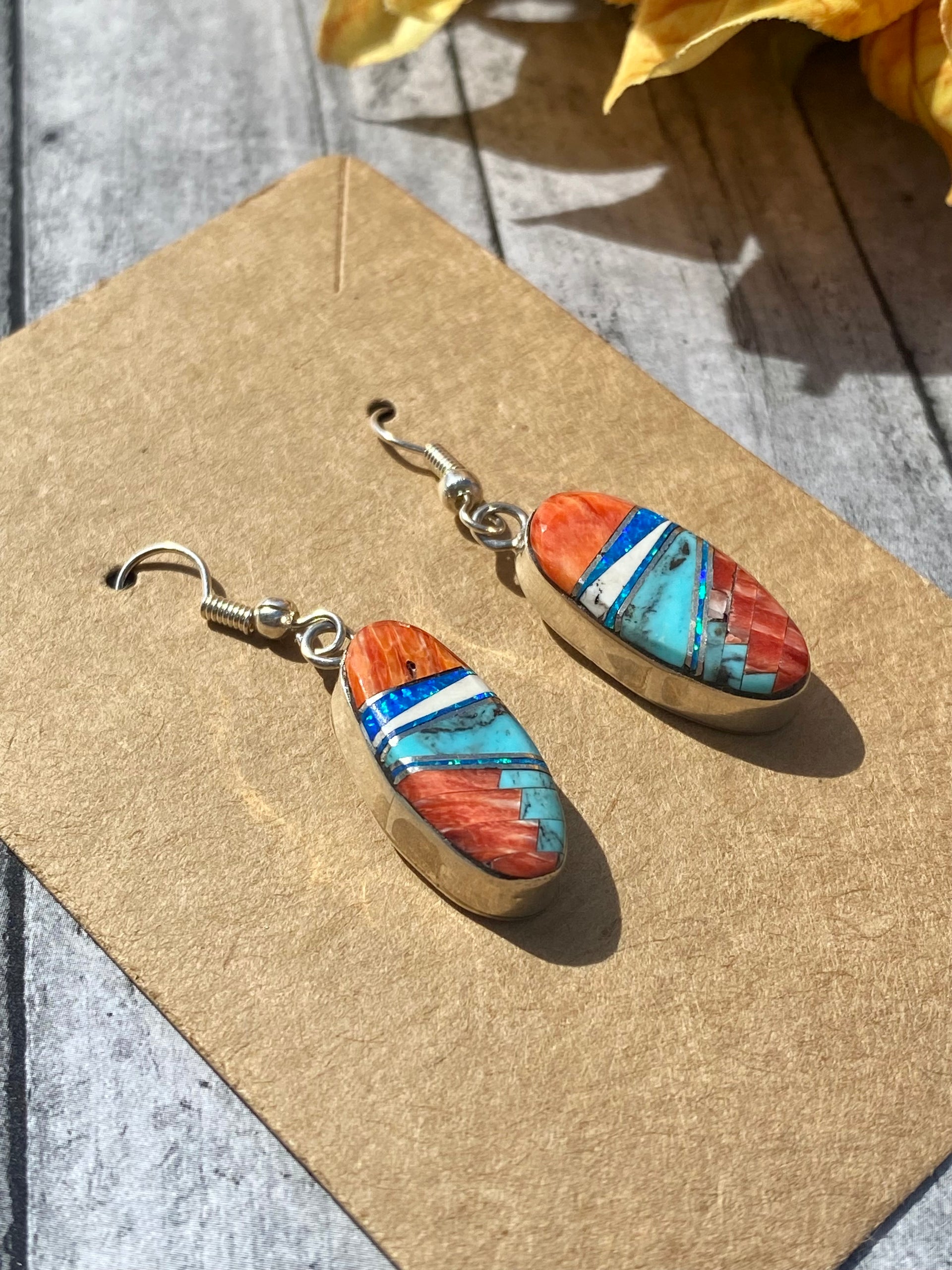 Navajo Made Multi Stone & Sterling Silver Inlay Dangle Earrings