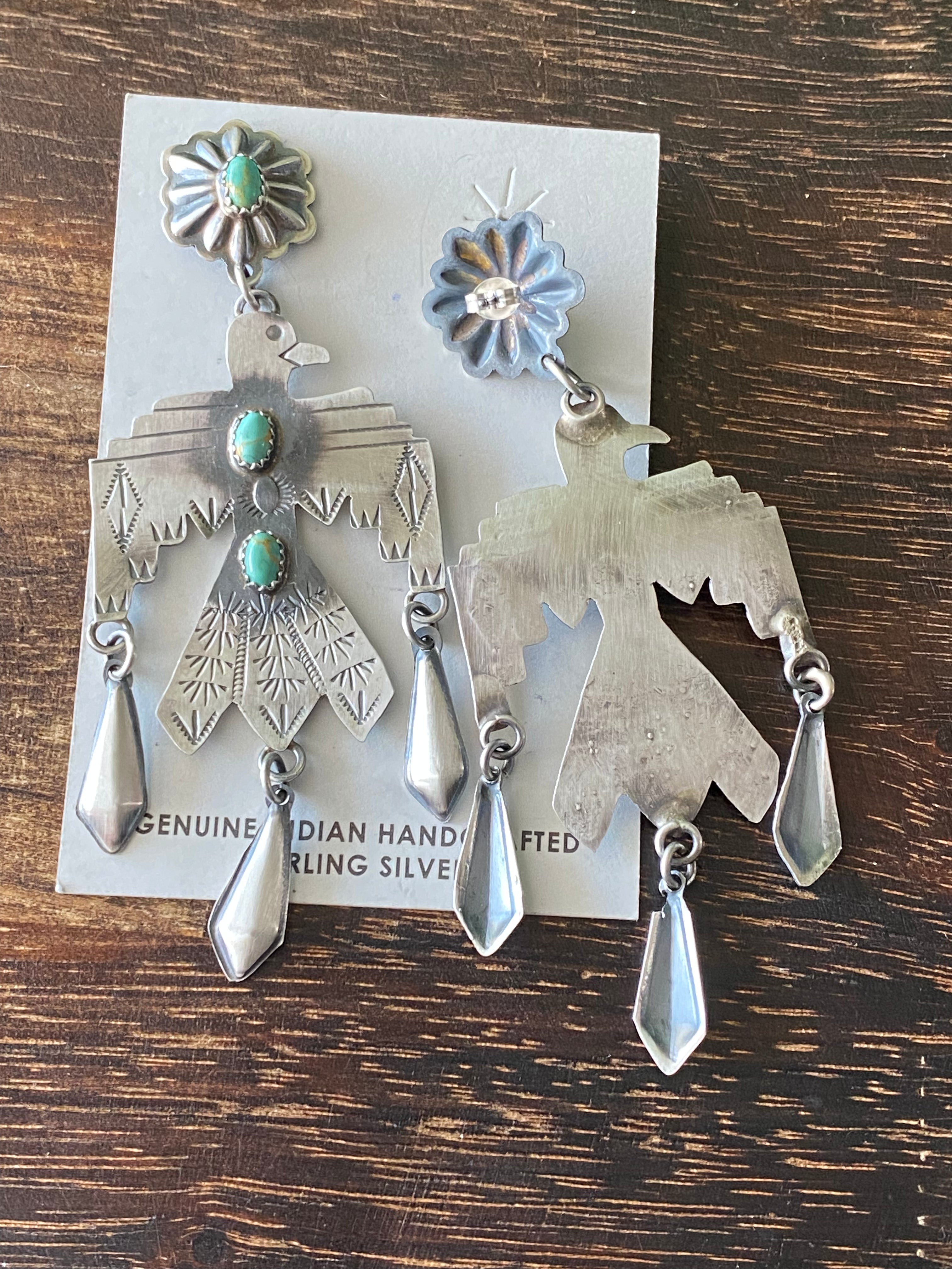 Navajo Made Kingman Turquoise & Sterling Silver Post Dangle Earrings