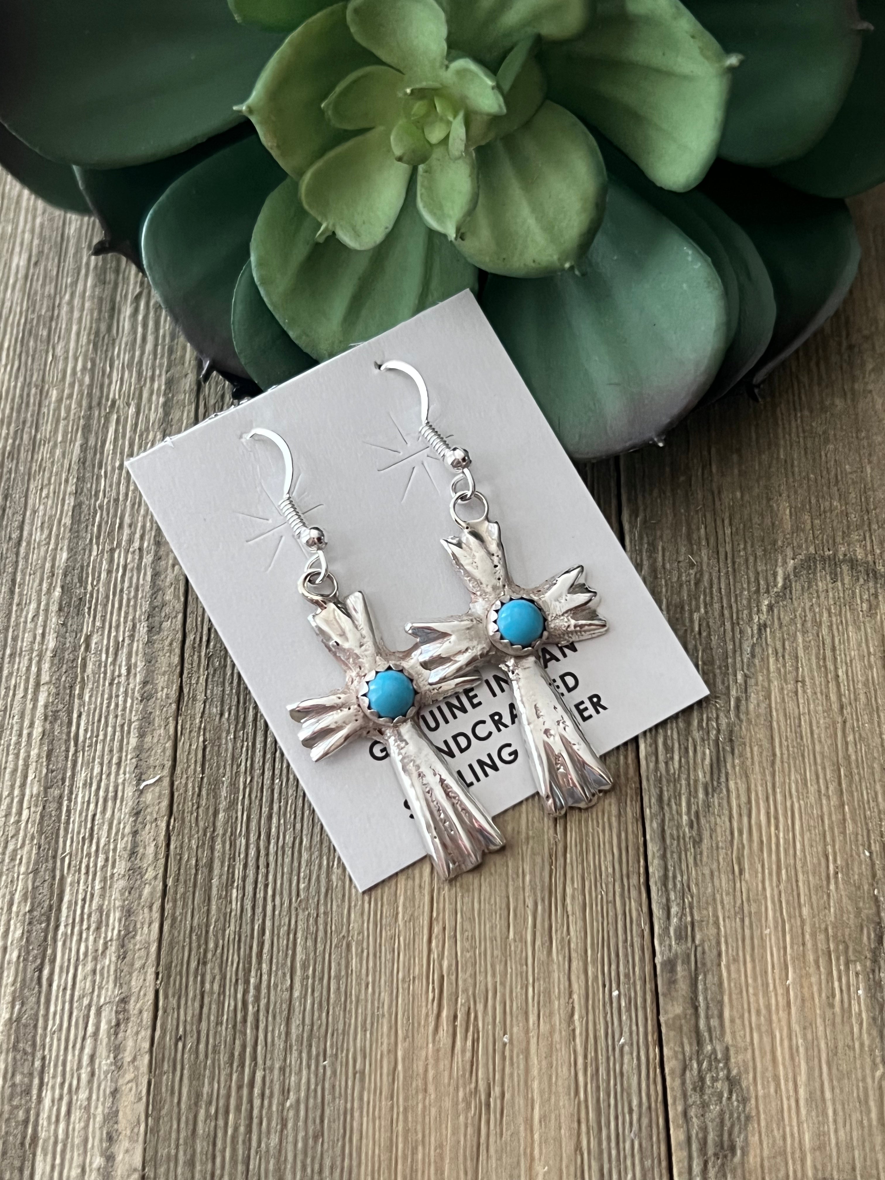 Navajo Made Sterling Silver Dangle Cross Earrings