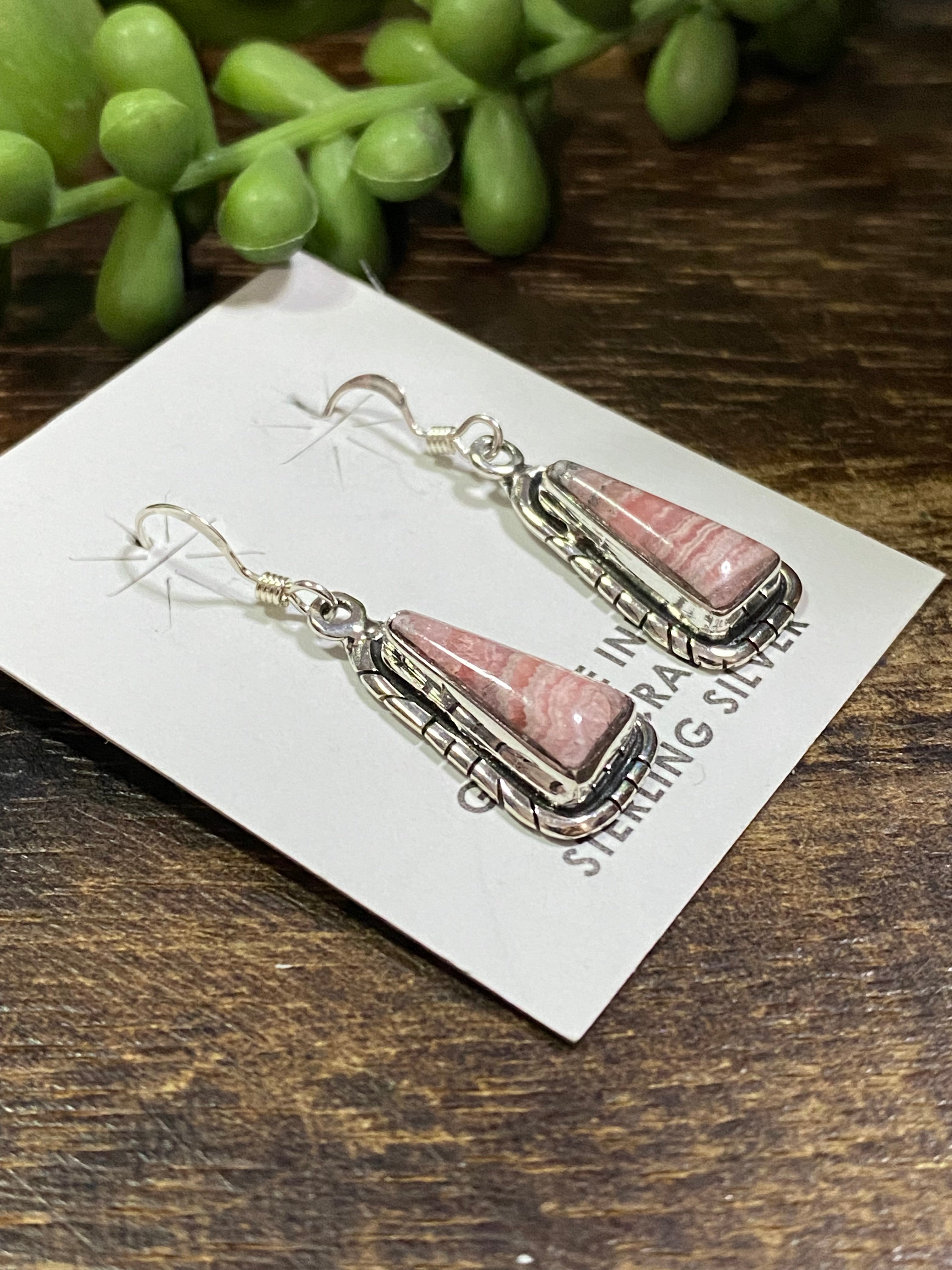 Navajo Made Rhodochrosite & Sterling Silver Dangle Earrings