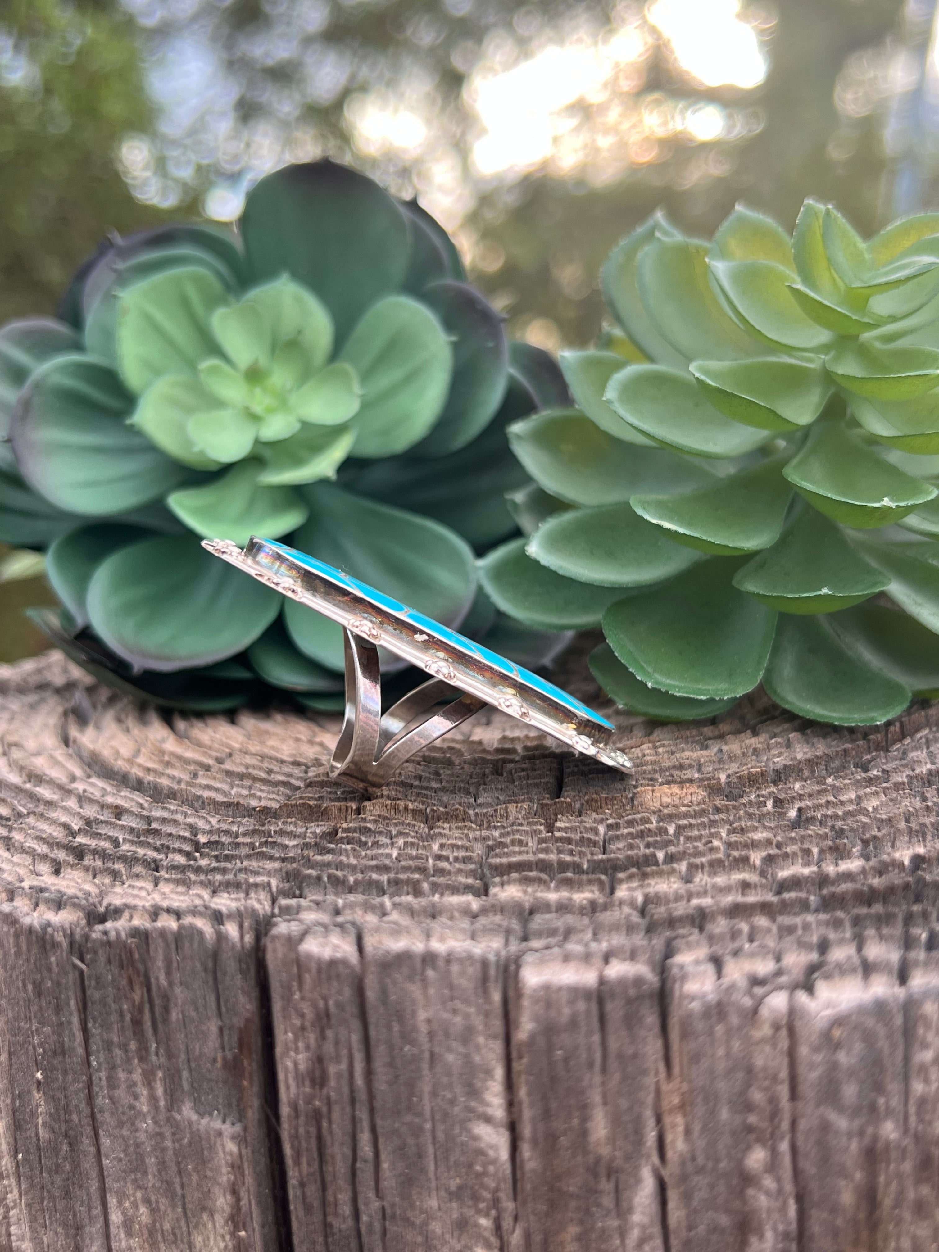 Zuni Turquoise & Sterling Silver Inlay Ring Size 6