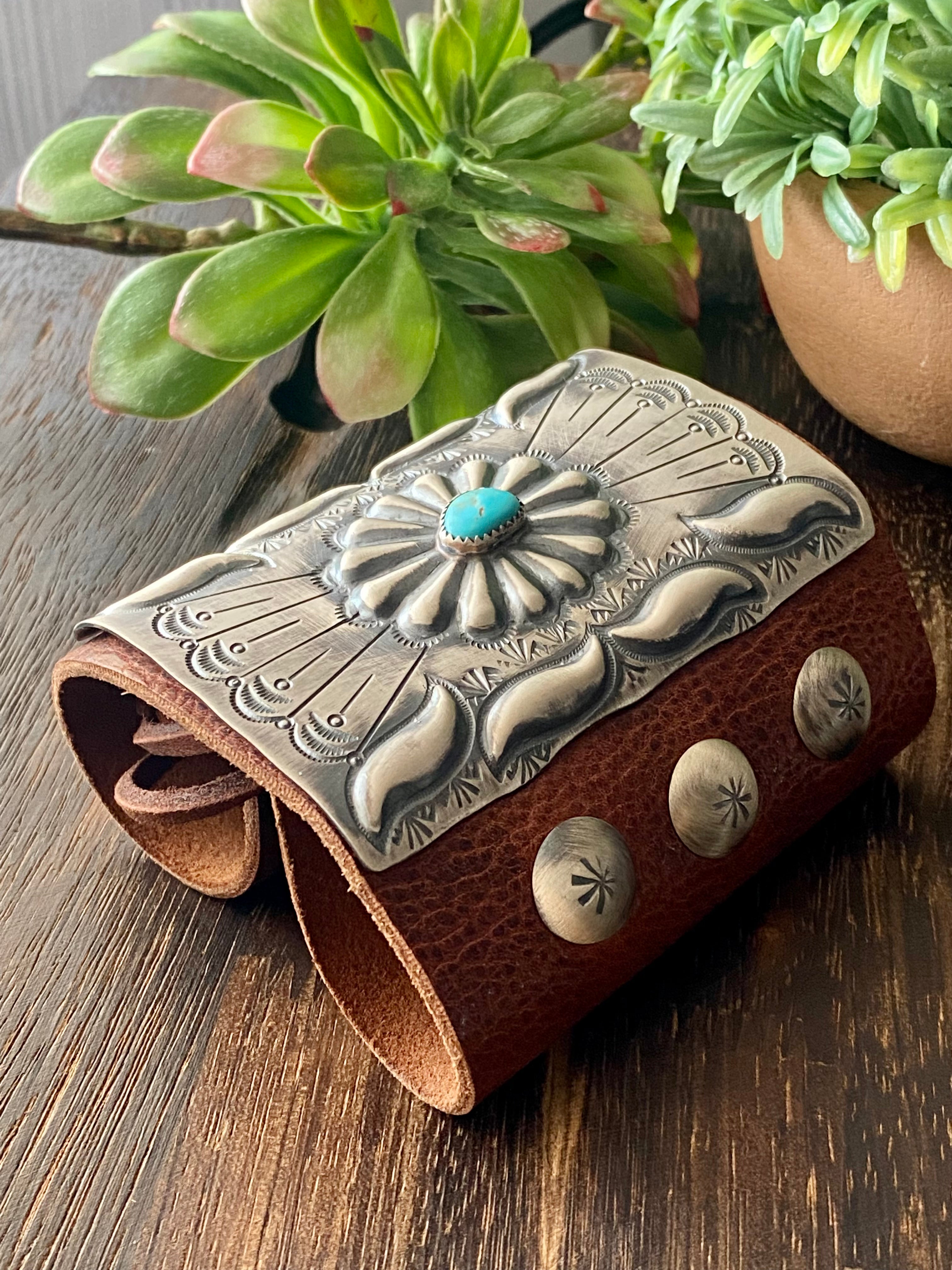 Navajo Made Kingman Turquoise & Sterling Silver Leather Bracelet