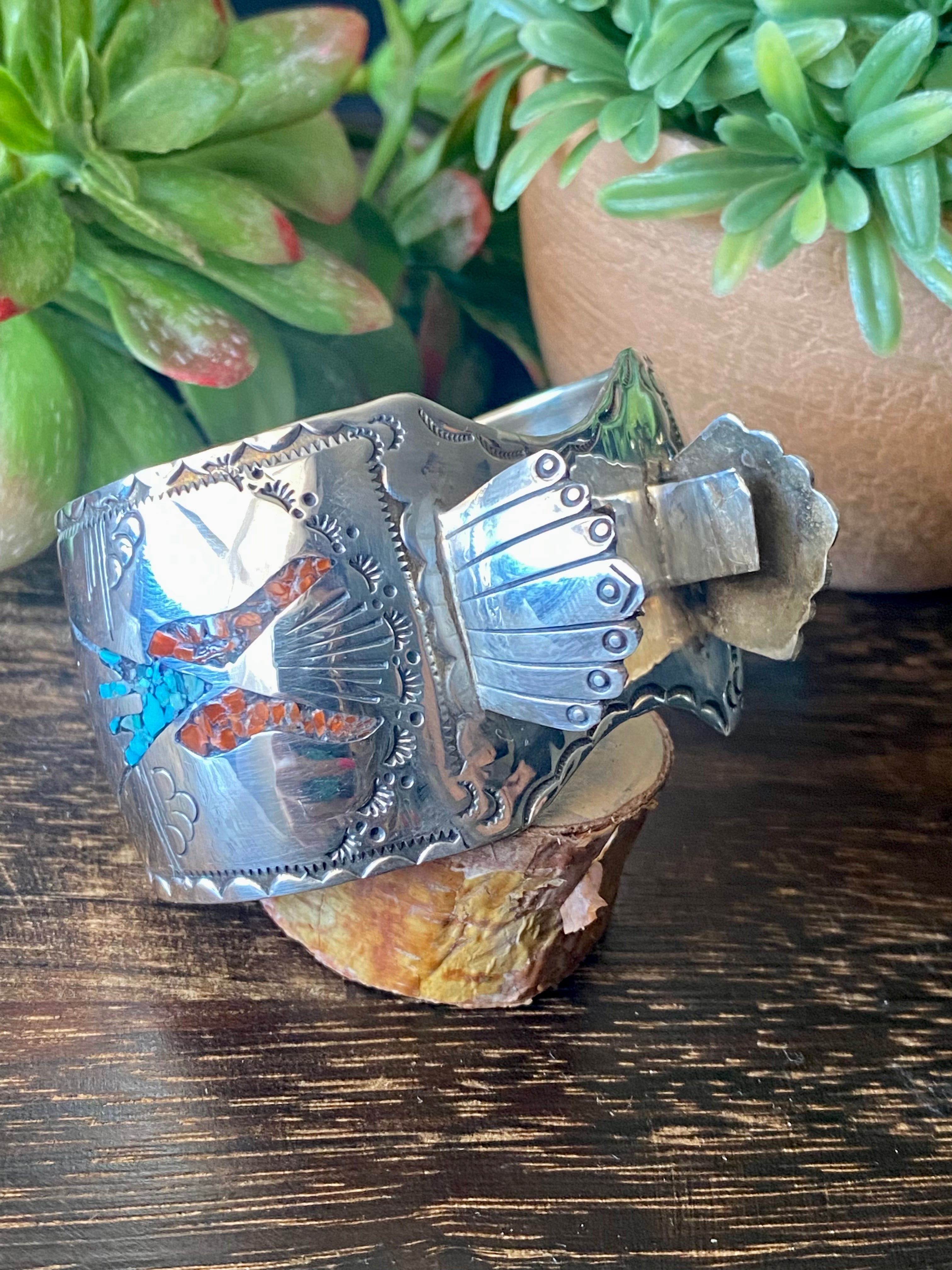 Vintage Navajo Made Turquoise & Coral Sterling Silver Watch Cuff Bracelet