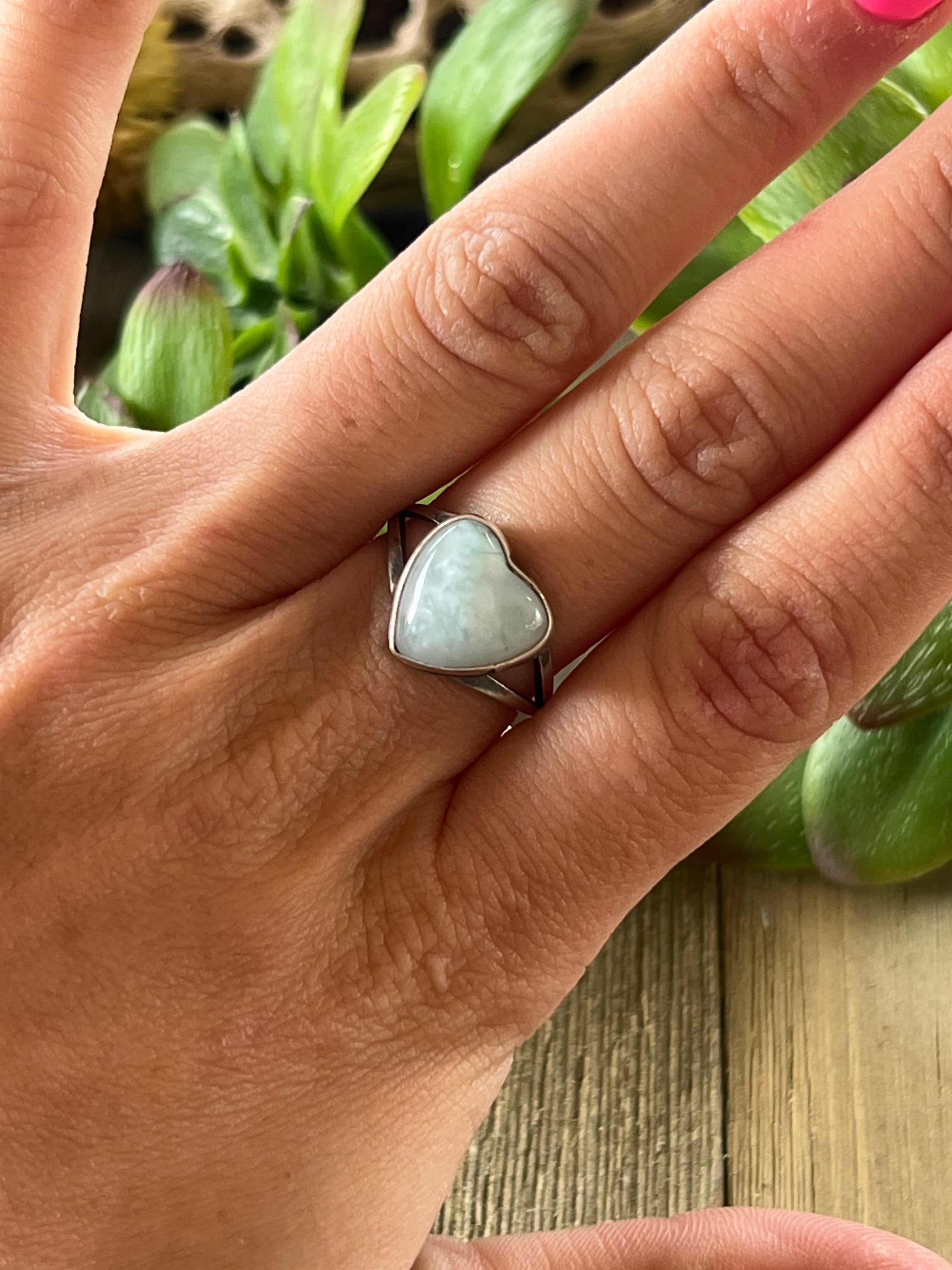 Navajo Made Larimar & Sterling Silver Heart Ring Size 7.5