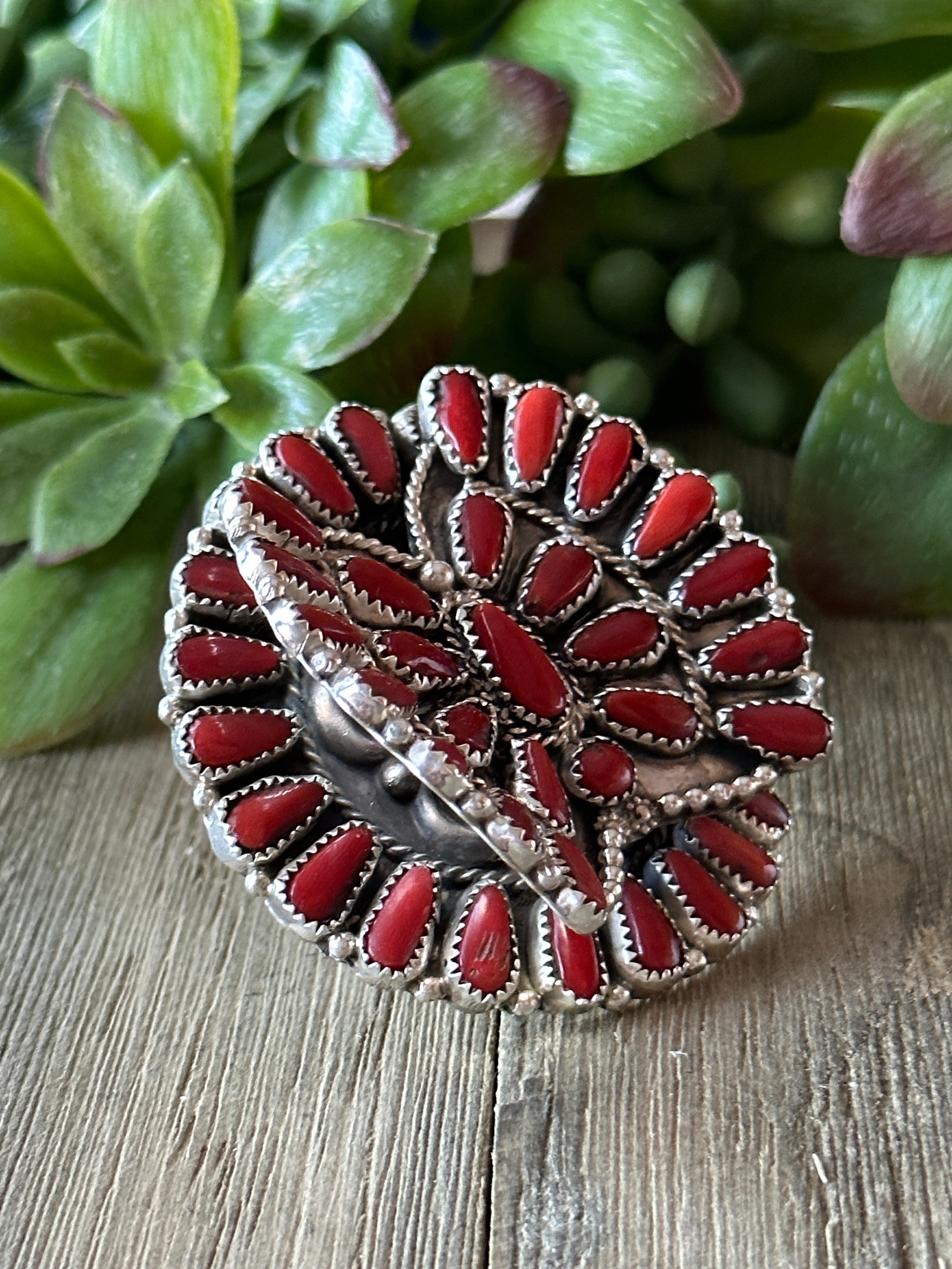 Navajo Made Coral & Sterling Silver Butterfly Cluster Adjustable Ring