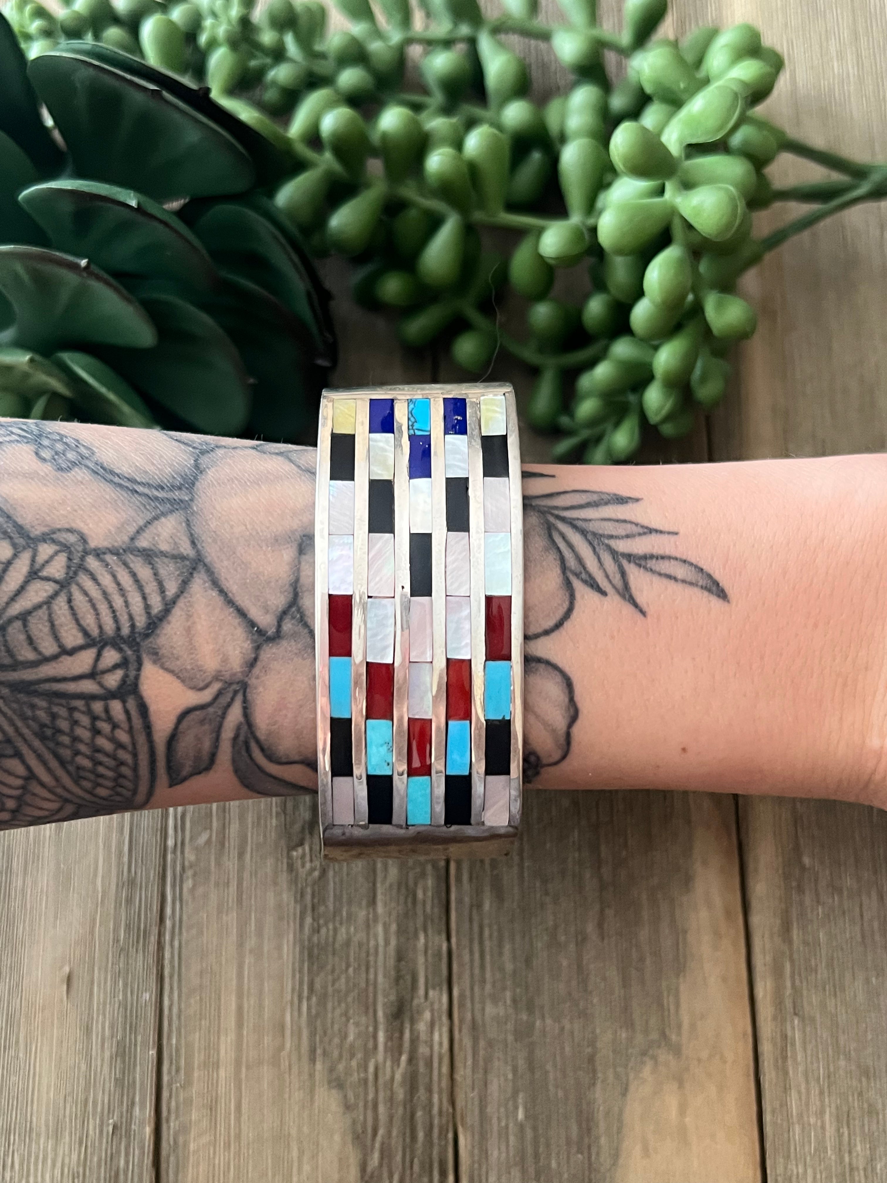 Zuni Made Multi Stone & Sterling Silver Inlay Cuff Bracelet