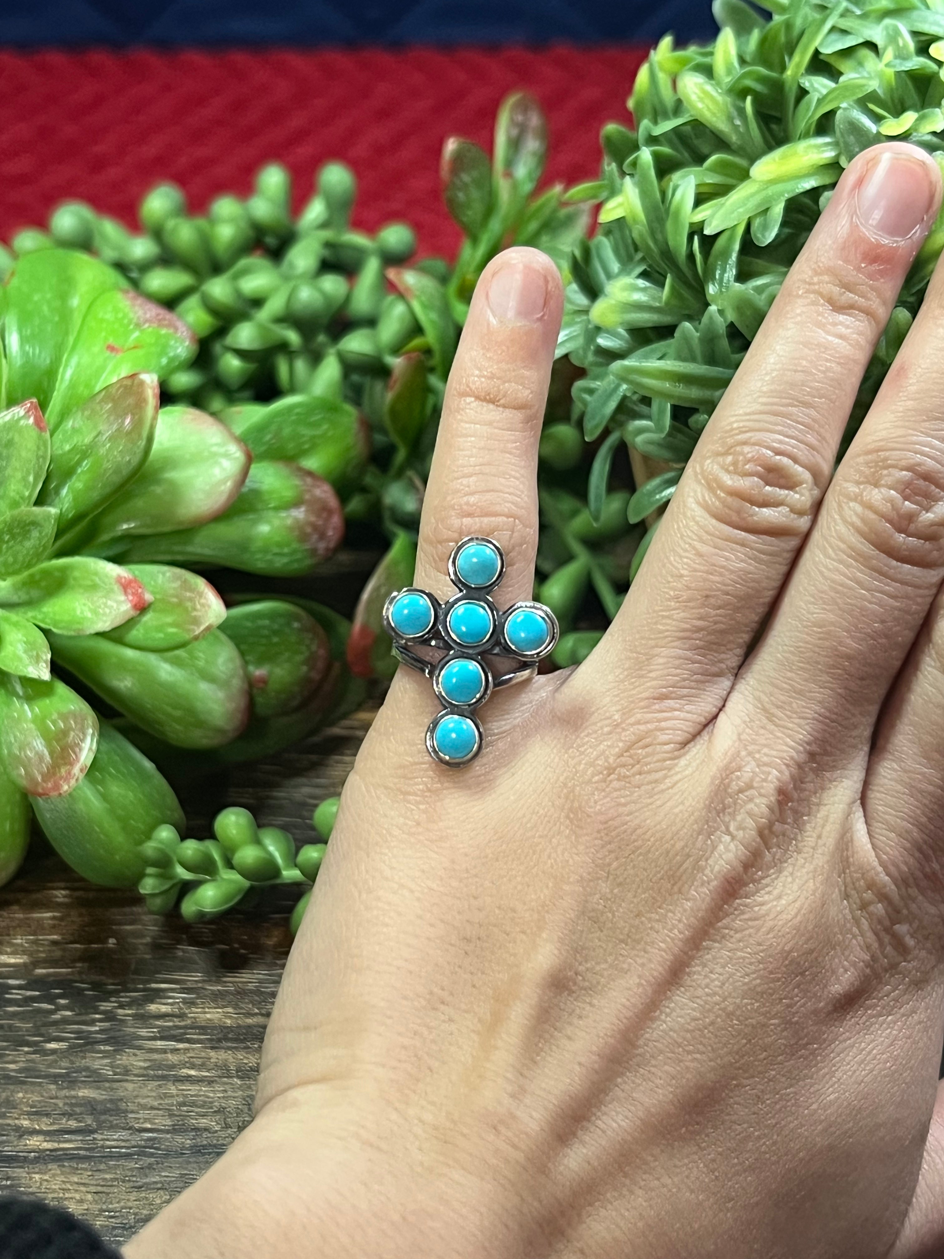 Navajo Made Kingman Turquoise & Sterling Silver Cross Ring