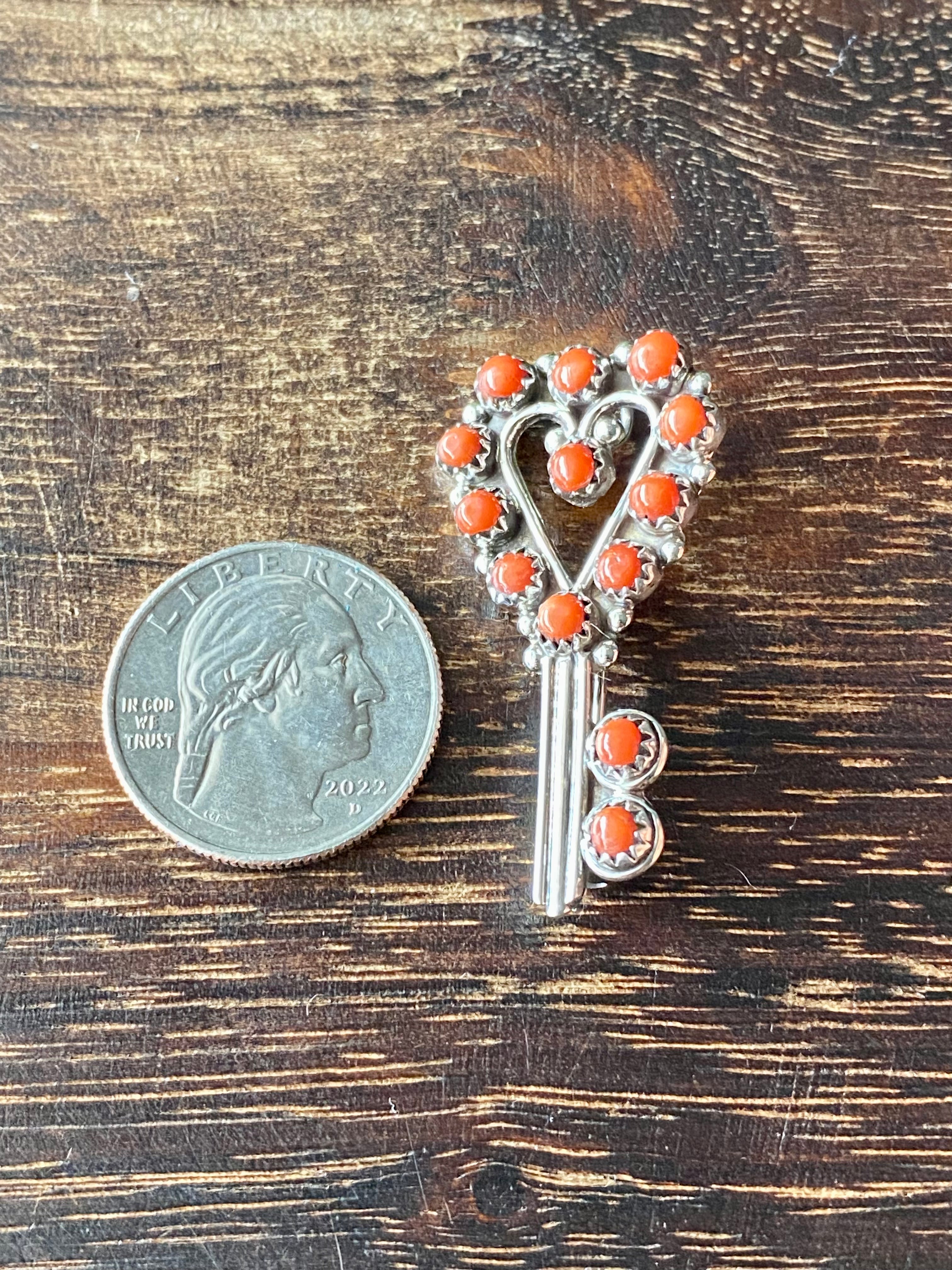 Zuni Made Coral & Sterling Silver Heart Pin/Pendant