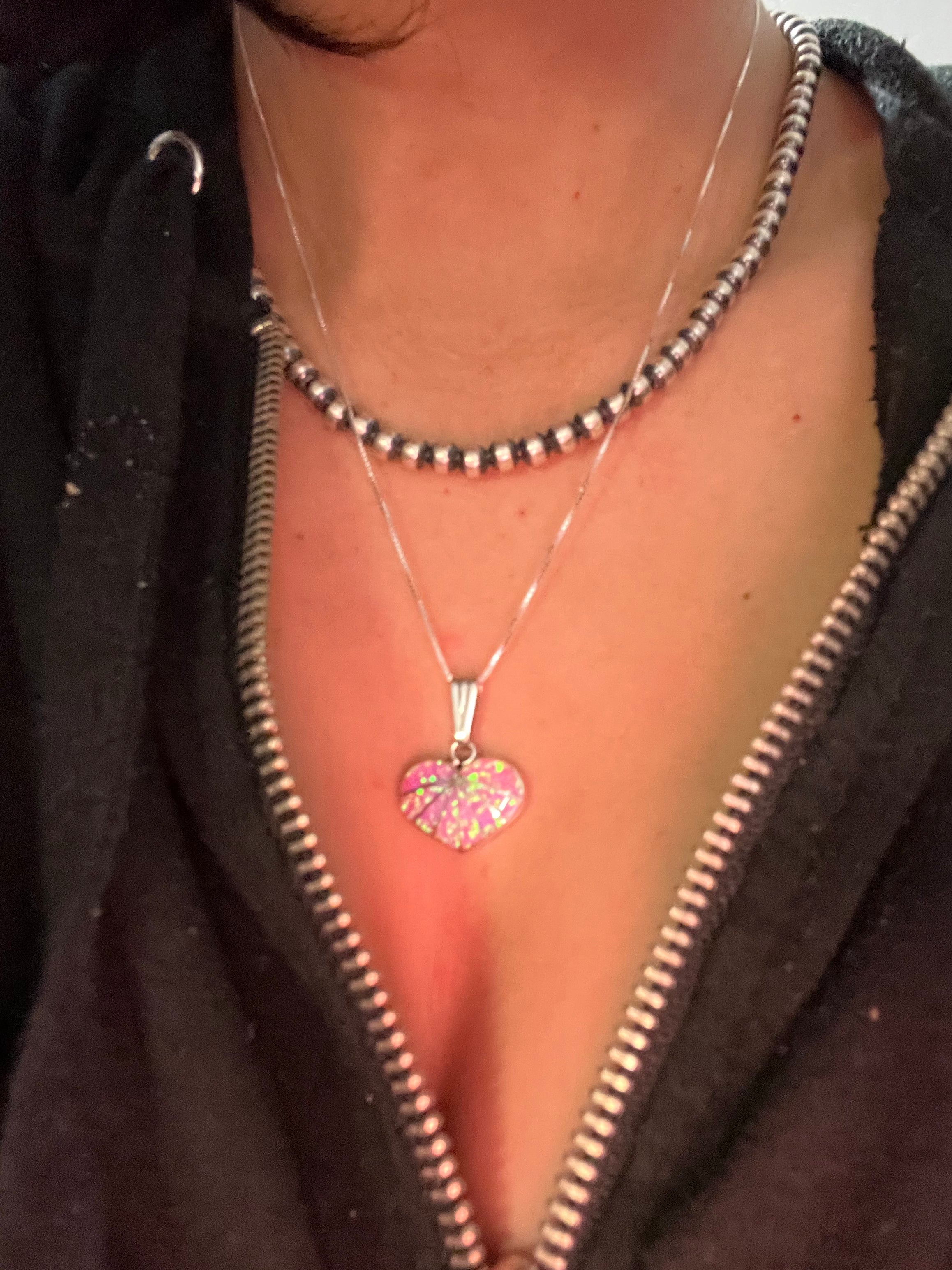 Zuni Made Pink Opal (Man Made) & Sterling Silver Heart Inlay Pendant