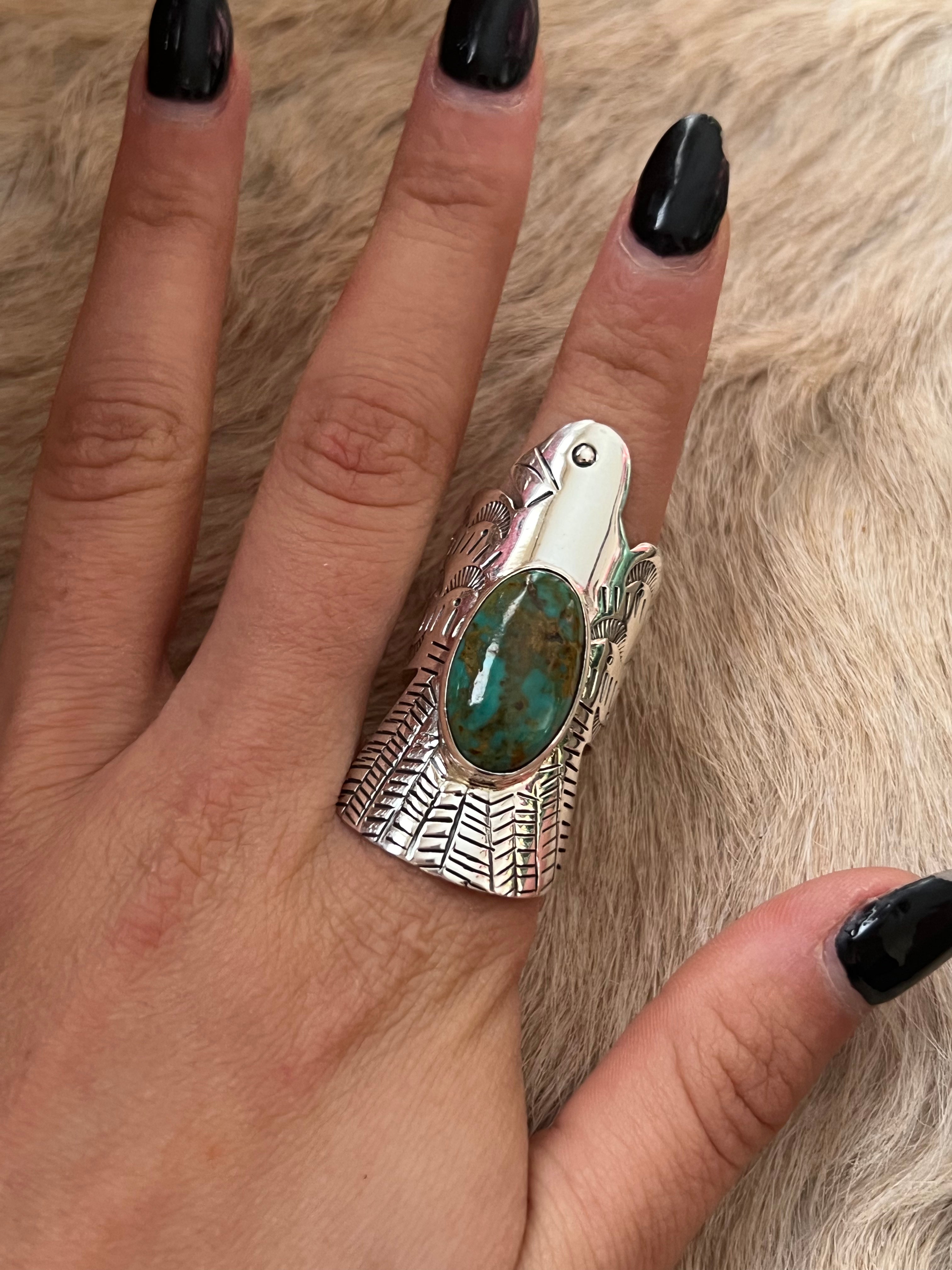 Navajo Made Kingman Turquoise & Sterling Silver Thunderbird Ring Size 8.5