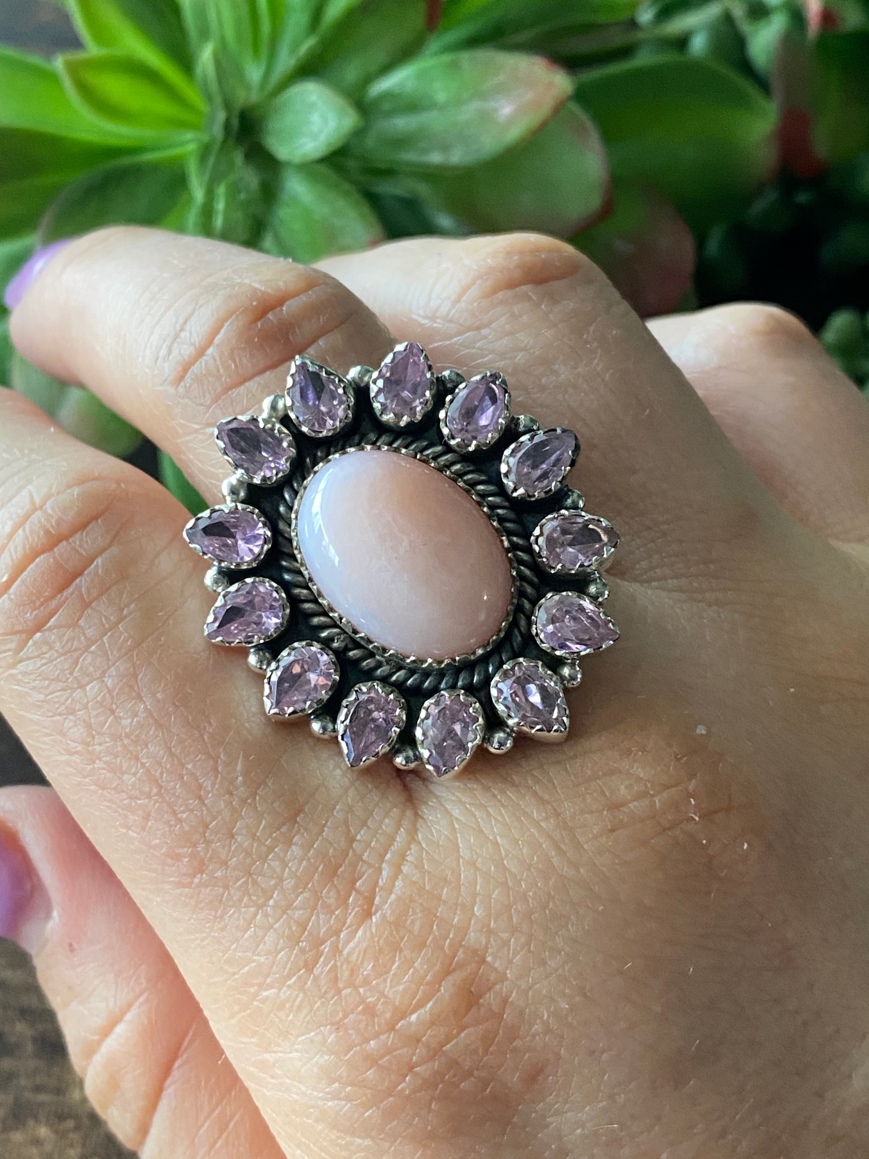 Southwest Handmade Rose Quartz & Amethyst Sterling Silver Cluster Adjustable Ring Size 6