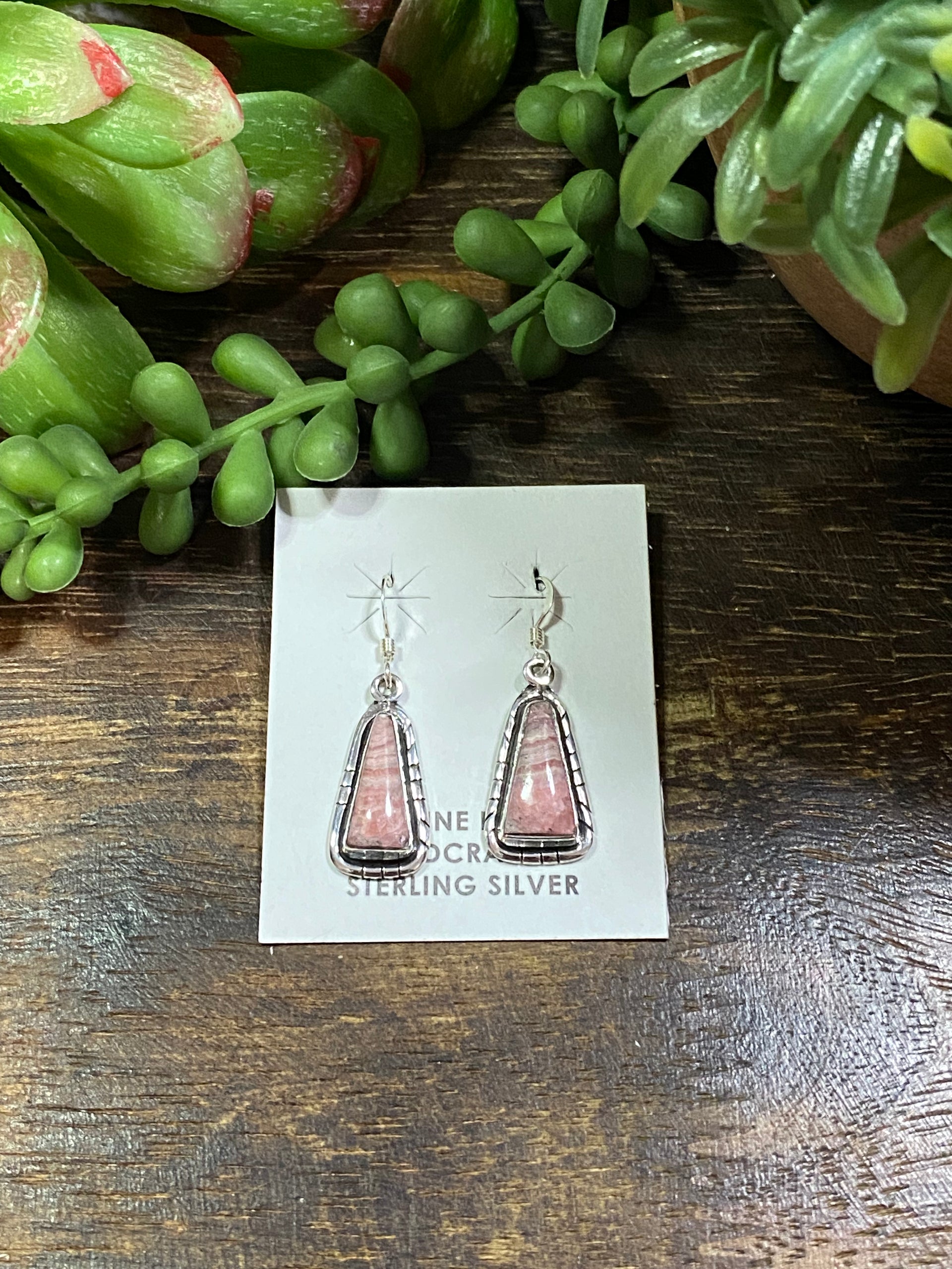 Navajo Made Rhodochrosite & Sterling Silver Dangle Earrings