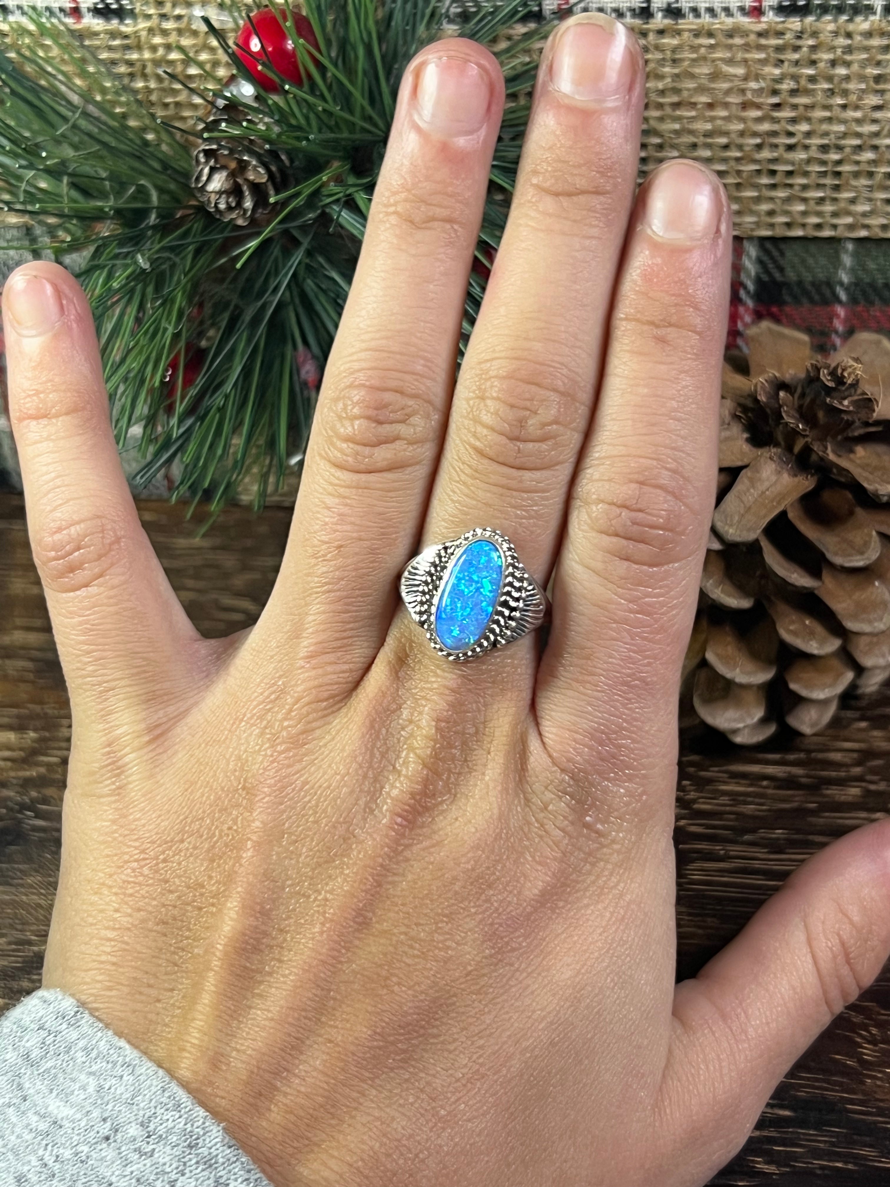 Navajo Made Blue Opal (Man Made) & Sterling Silver Ring Size 7.5