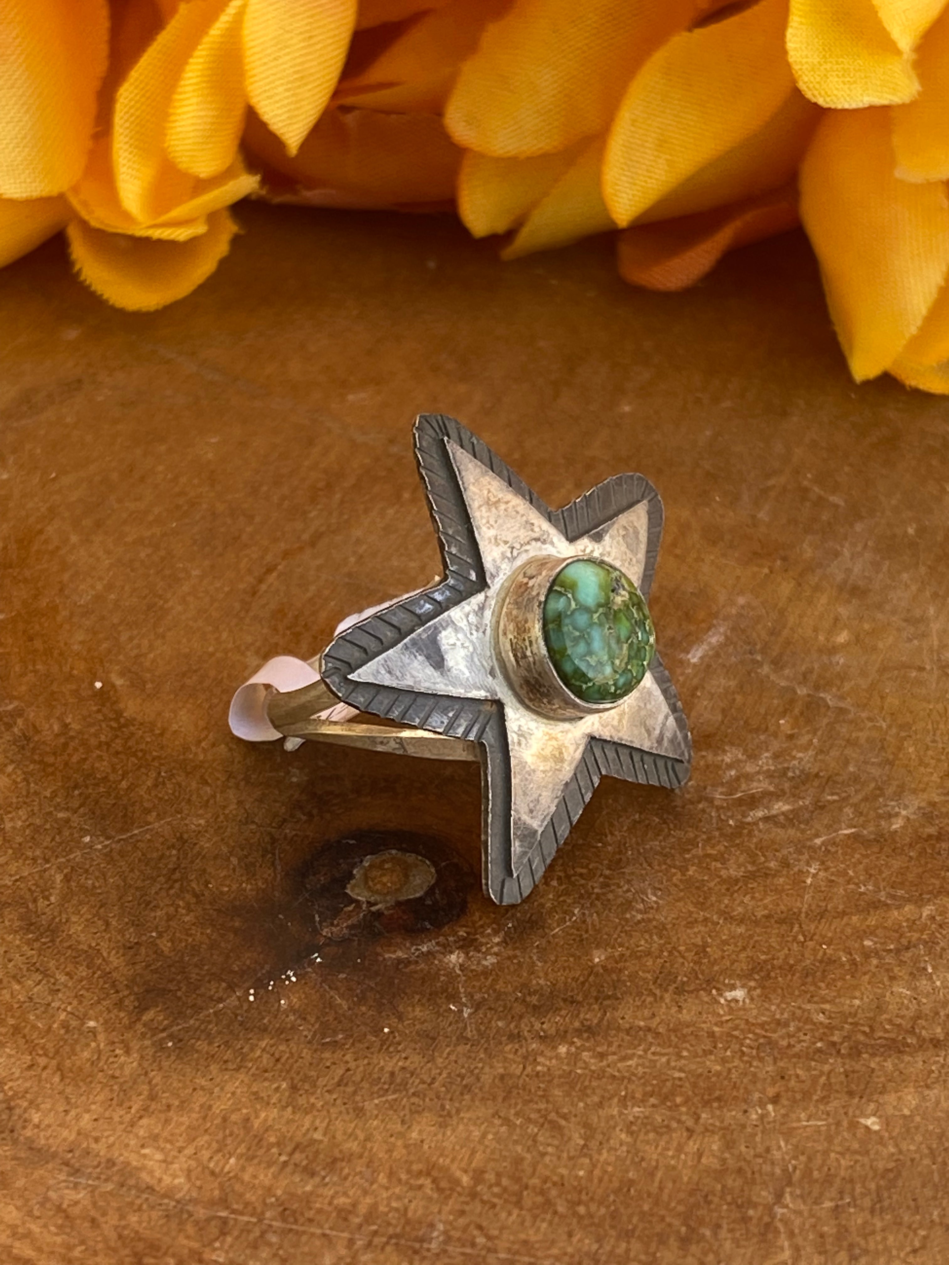 Scott Skeets Sonoran Gold Turquoise & Sterling Silver Star Ring Size 6