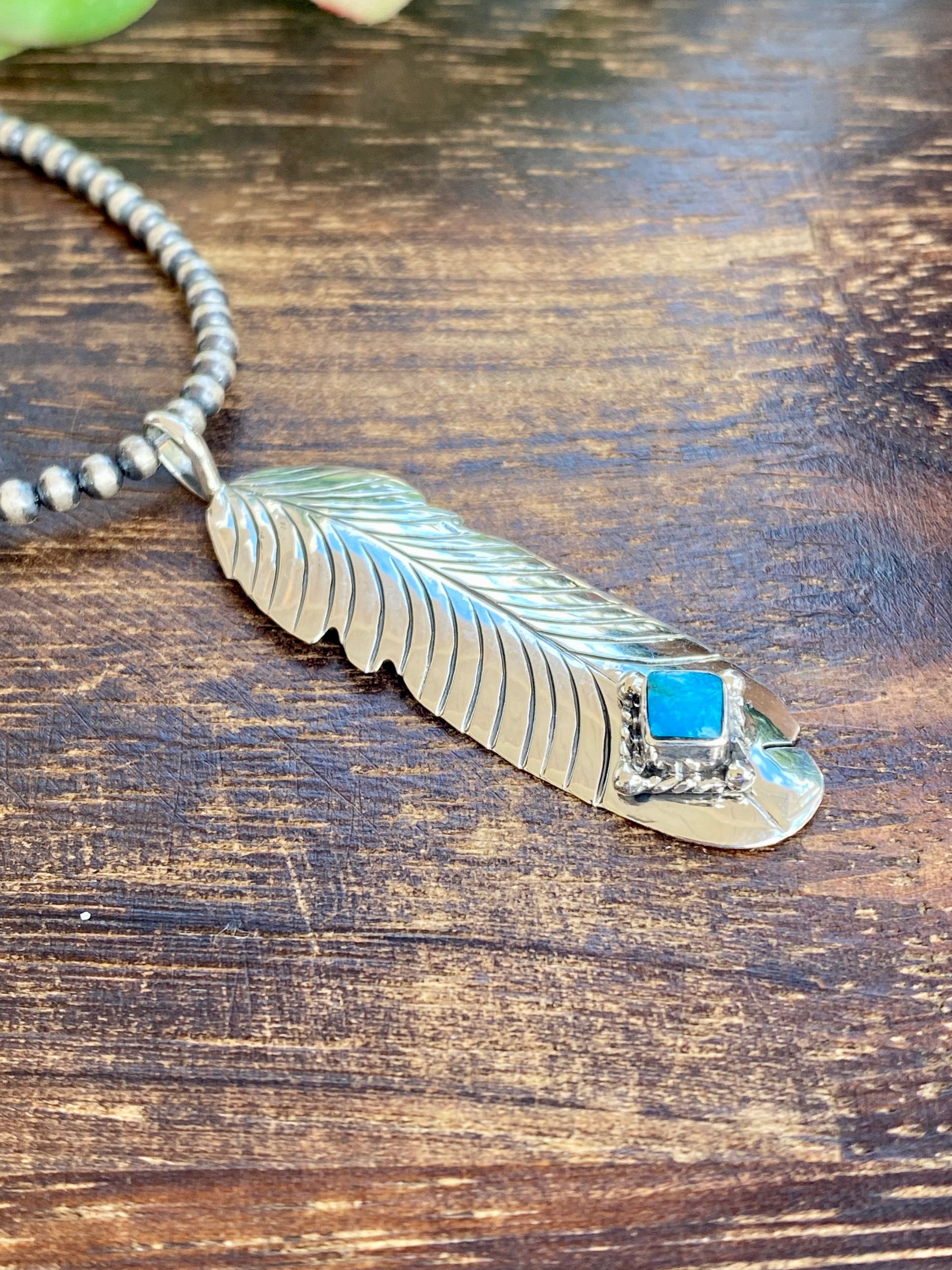 Navajo Made Turquoise & Sterling Silver Feather Pendant