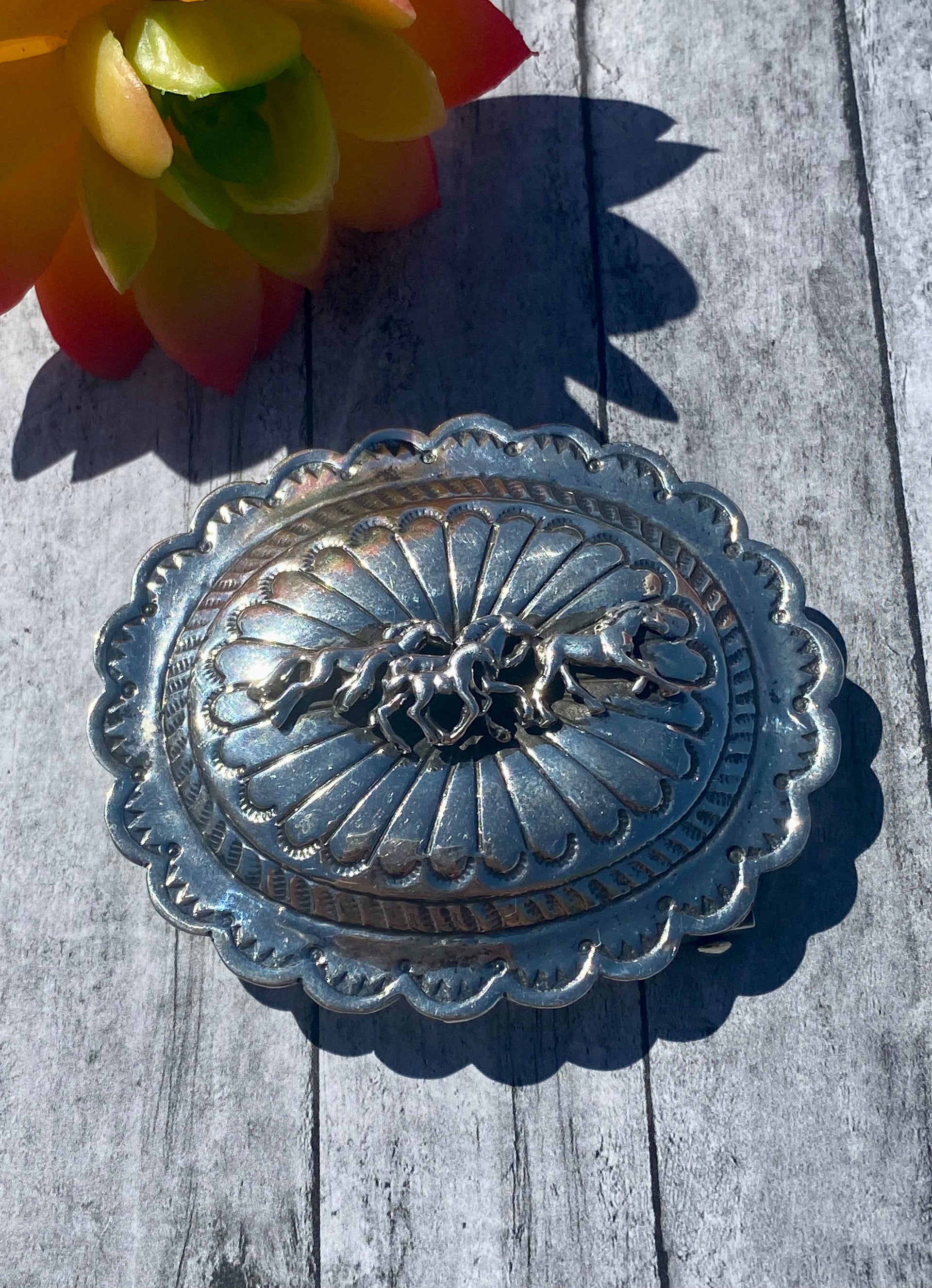 Navajo Made Sterling Silver Horse Belt Buckle