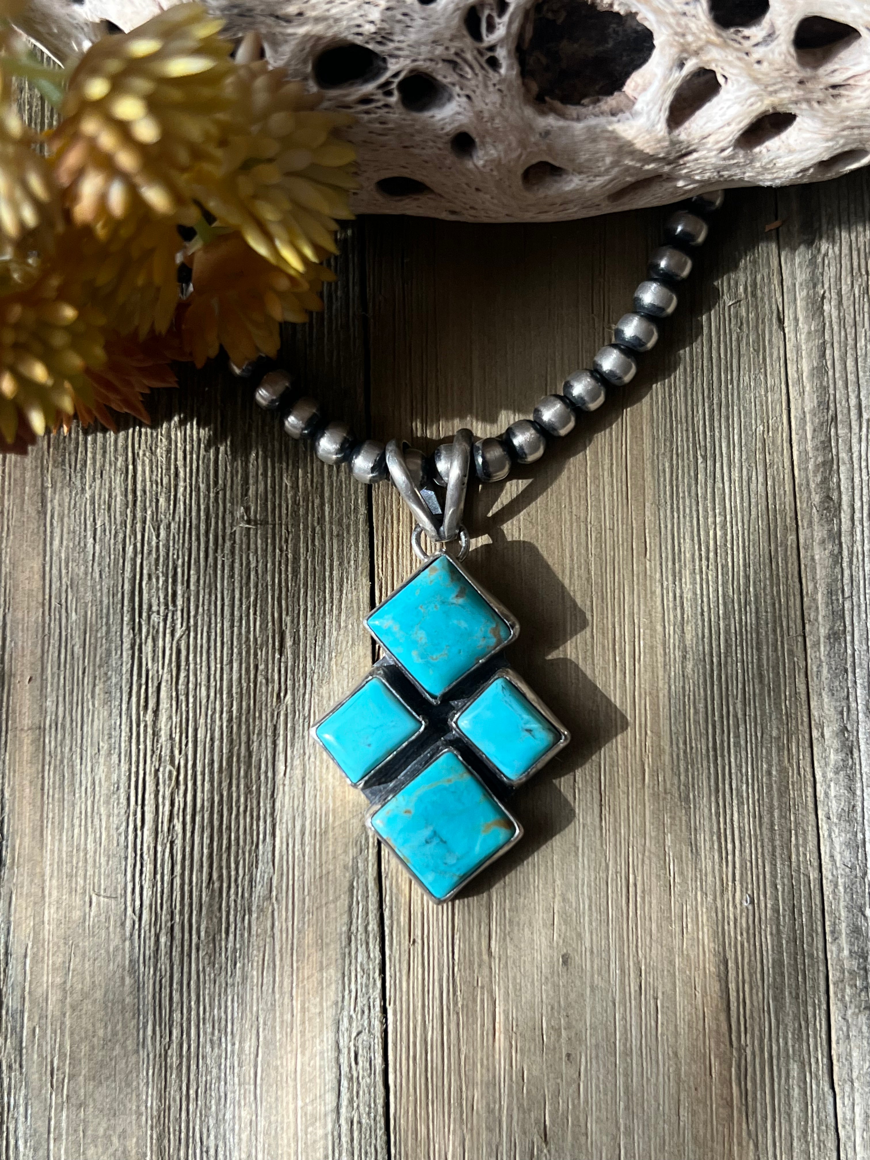 Navajo Made Kingman Turquoise & Sterling Silver Cluster Pendant